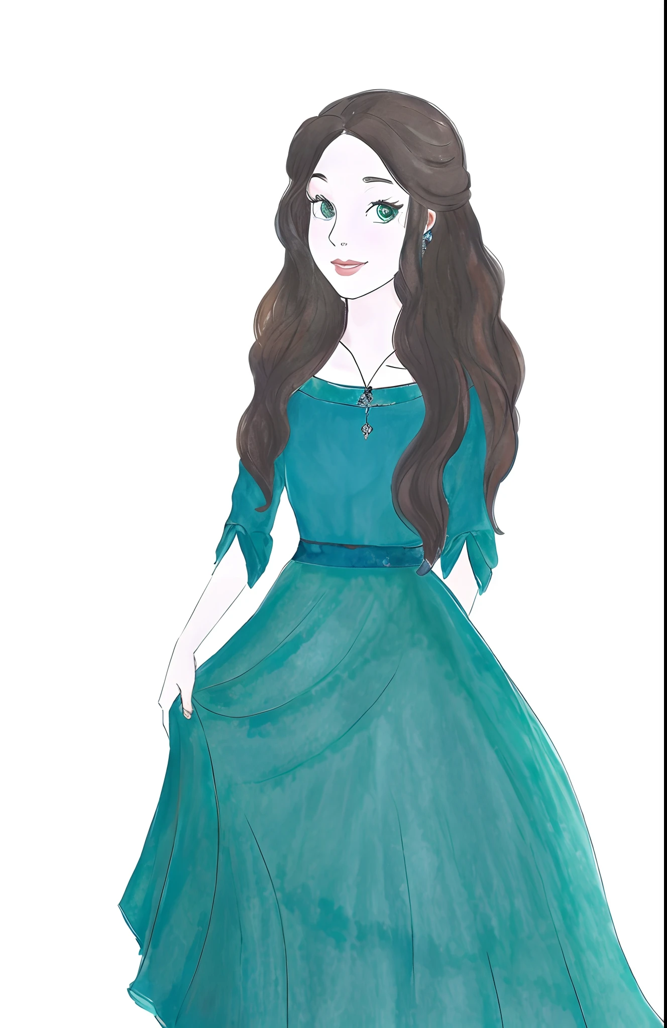 um desenho de uma mulher em um vestido azul com um fundo preto, Luthien, No Bowater Art Style, inspirado em Thyrza Anne Leyshon, Inspirado em Reyna Rochin, inspirado em Sophie Pemberton, colorful sketch, inspirado em Isobelle Ann Dods-Withers, portrait of princess merida, inspirado em Constance-Anne Parker