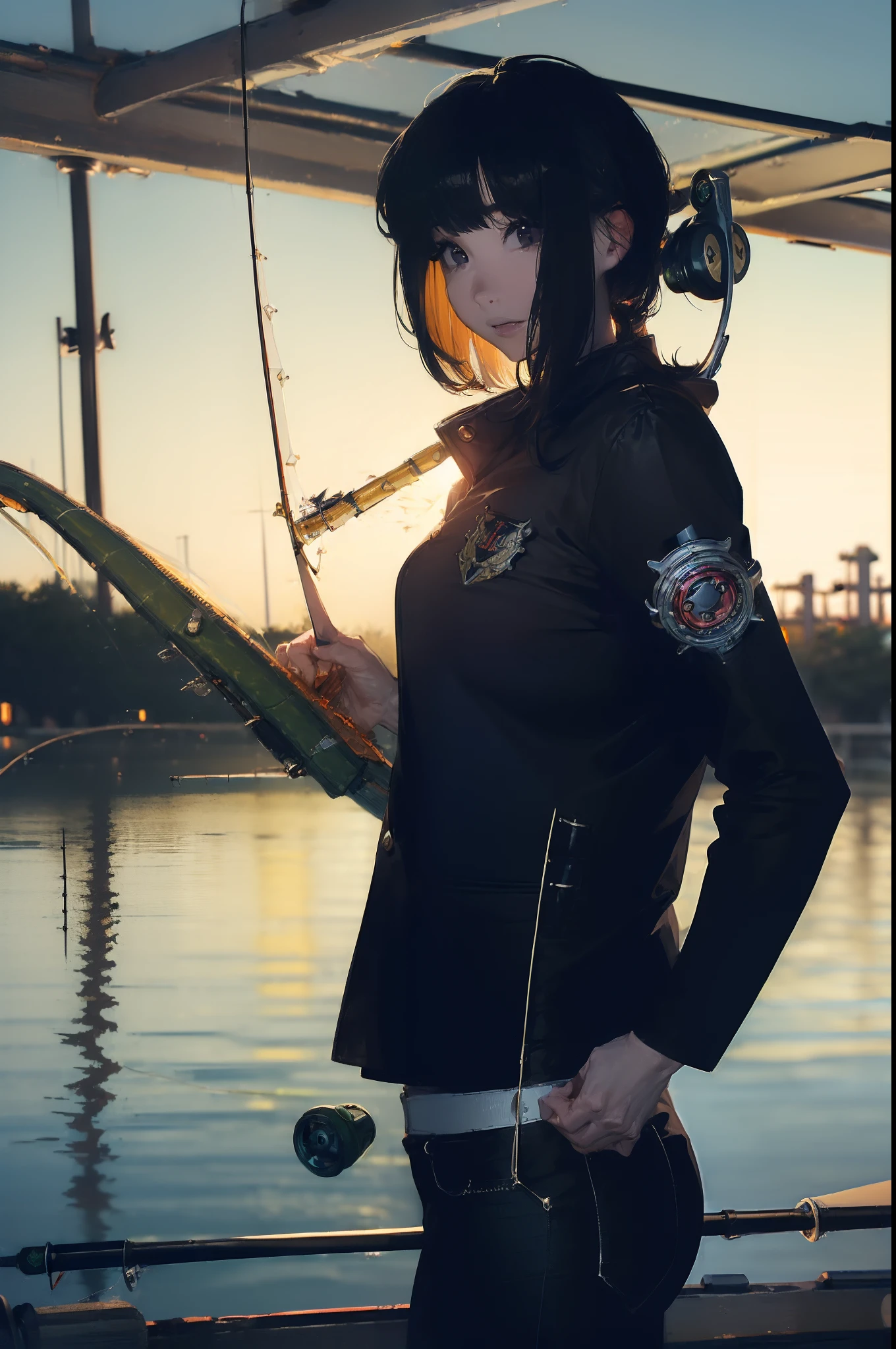 ((((Have fishing rod with a reel:1.5)))),((Female 28 years old)),((Best Quality:1.5)),(((Hands with the correct number and structure of fingers:1.4))),((lakeside:1.37)),hight resolution,ultra-detailliert,​masterpiece,best qualtiy,(Eight-headed body),Black hair, long eyeslashes, Solid Circle Eyes, drop shadow, Atmospheric perspective,Super Detail, ccurate, small brest,(Black jacket and black jeans :1.1),top-quality, blurry backround, bokeh dof:1.2, (​masterpiece:1.3),  Atmospheric perspective,Super Detail,dynamic compositions,