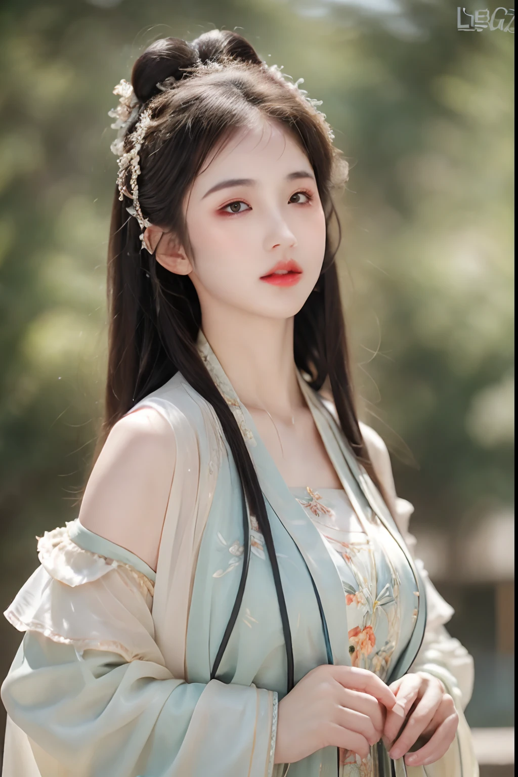 ((Best Quality, 8k, Masterpiece: 1.3)), Focus: 1.2, Perfect Body Beauty: 1.4, Buttocks: 1.2, ((Layered Haircut)), (Wet Clothes: 1.1), (Rain, Street:1.3), (Breasts: 1.2), (Hanfu: 1.2), Bare Shoulders, Bare Legs, Highly Detailed Face and Skin Texture, Fine Eyes, Double Eyelids, Whitened Skin, Long Hair, (Shut Up: 1.5), (Bokeh Background: 1.5), Big Breasts