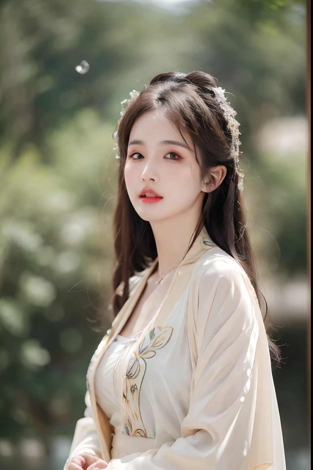 ((Best Quality, 8k, Masterpiece: 1.3)), Focus: 1.2, Perfect Body Beauty: 1.4, Buttocks: 1.2, ((Layered Haircut)), (Wet Clothes: 1.1), (Rain, Street:1.3), (Breasts: 1.2), (Hanfu: 1.2), Bare Shoulders, Bare Legs, Highly Detailed Face and Skin Texture, Fine Eyes, Double Eyelids, Whitened Skin, Long Hair, (Shut Up: 1.5), (Bokeh Background: 1.5), Big Breasts