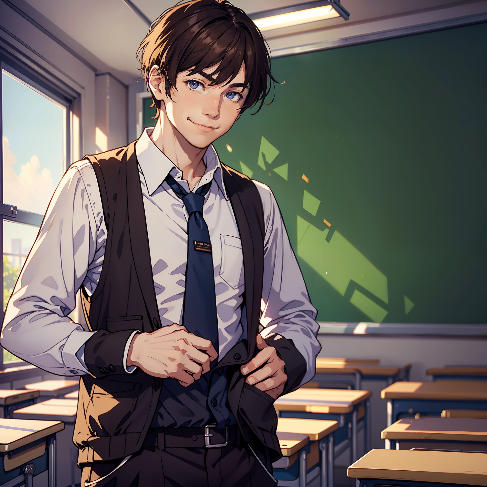 A strong male，(Flirting smiles)，brunette color hair，((Hand pockets))，(((‎Classroom)))，Ambient lighting，Backlight，Cinematic lighting，Natural soft light，Seven-doppelganger shot，(first person perspective)