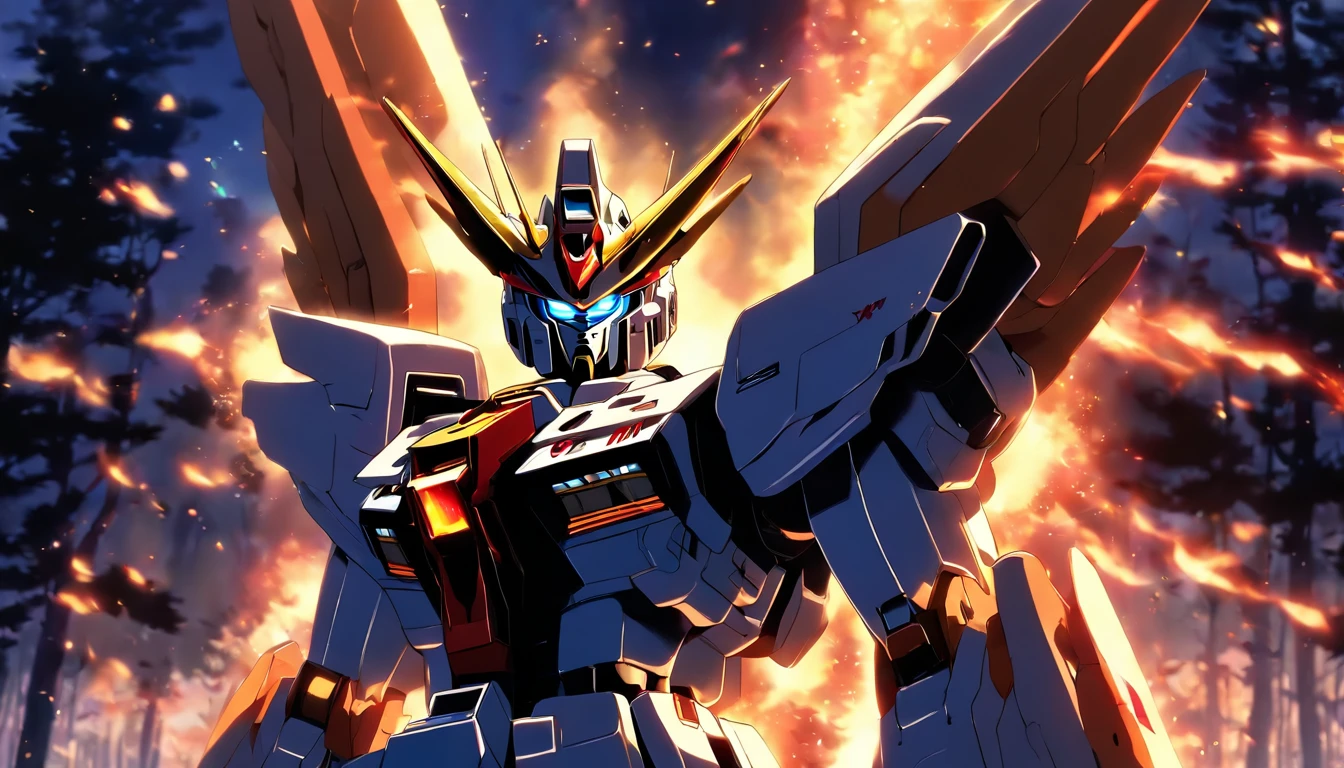 Burn Gundam, Shiny finger attack, Coors is black on most parts of the body,It is white on most parts of the body,There are also some gray and blue Coors. Hold a giant axe that looks cool, The background is a forest burning at night. Gundam has small angelic wings,Carrying a gun on his shoulder