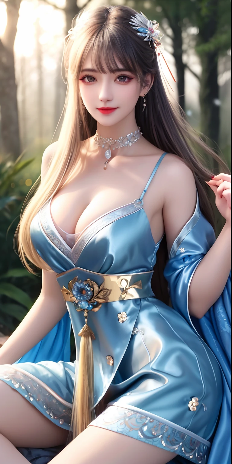 best qualityer，8K， tmasterpiece， A high resolution， 1girll， Clear silk porcelain dress， Fur coat， hair adornments， ssmile， Keep one's mouth shut， cparted lips，Large breasts，Shoulder， shift dresses， hair adornments， choker necklace， jewely， Chinese outfit， long whitr hair， 耳Nipple Ring， Detailed beautiful eyes， detailed eyelashes， beautiful  face，after sexing_Body， Tyndall effect，realisticlying， edge lit， twotonelighting，（highdetailskin：1.2）， 8K, Ultra HD， digital SLR camera， gentle illumination， high high quality， Volumetriclighting， Frankness， photore， A high resolution， Bokeh， at a forest， Falling snow， Winters， in the afternoon