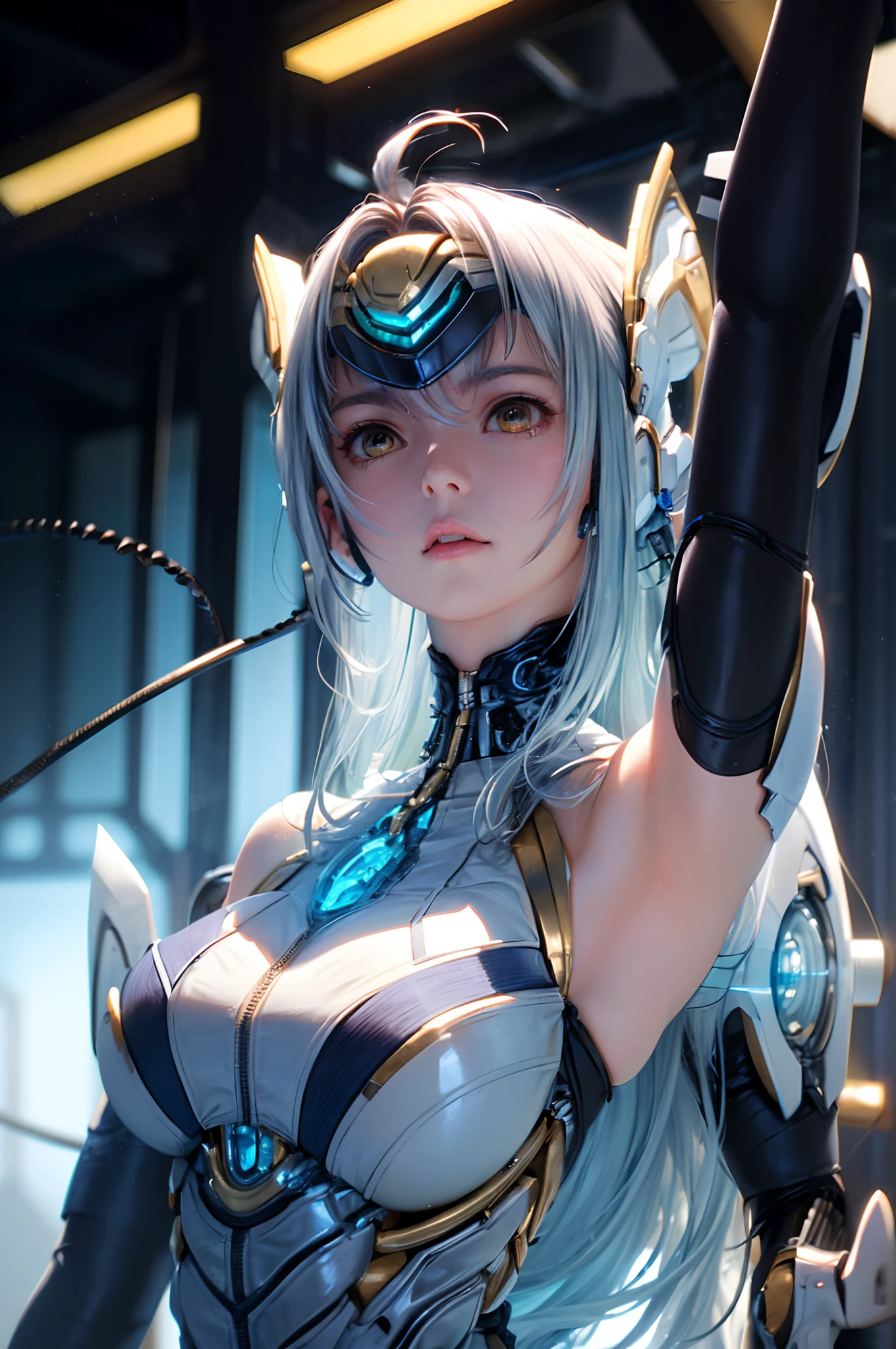 top-quality、masterpiece、超A high resolution、(Photorealsitic:1.4)、1人、Light blue hair、Straight hair, shiny and clean hair、White shiny skin、Sexy Cyberpunk Girl、((super realistic details))、Shadow、octan render、ultrasharp、hyperdetailed face、Fiberglass、Luminous tube、highly intricate detail、Realistic light、CGSoation Trends、((Golden Eyes))、(Facing the camera)、neon details、Mechanical limbs、Mechanical vertebrae attached to the back、mechanical cervical attaching to neck、Wires and cables connecting to the head、cosmic background、Rat trail section、((valkyrie))、((Beam Cannon))