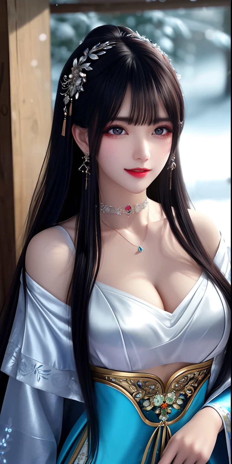 best qualityer，8K， tmasterpiece， A high resolution， 1girll， Clear silk porcelain dress， Fur coat， hair adornments， ssmile， Keep one's mouth shut， cparted lips，Large breasts，Shoulder， shift dresses， hair adornments， choker necklace， jewely， Chinese outfit， long whitr hair， 耳Nipple Ring， Detailed beautiful eyes， detailed eyelashes， beautiful  face，after sexing_Body， Tyndall effect，realisticlying， edge lit， twotonelighting，（highdetailskin：1.2）， 8K, Ultra HD， digital SLR camera， gentle illumination， high high quality， Volumetriclighting， Frankness， photore， A high resolution， Bokeh， at a forest， Falling snow， Winters， in the afternoon