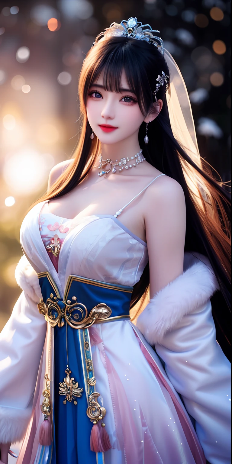 best qualityer，8k， tmasterpiece， A high resolution， 1girll， Clear silk porcelain dress， Fur coat， hair adornments， ssmile， Keep one's mouth shut， cparted lips，Large breasts，Shoulder， shift dresses， hair adornments， choker necklace， jewely， Chinese outfit， long whitr hair， 耳Nipple Ring， Detailed beautiful eyes， detailed eyelashes， beautiful  face，after sexing_Body， Tyndall effect，realisticlying， edge lit， twotonelighting，（highdetailskin：1.2）， 8K  UHD， digital SLR camera， gentle illumination， high high quality， Volumetriclighting， Frankness， photore， A high resolution， Bokeh， at a forest， Falling snow， Winters， in the afternoon
