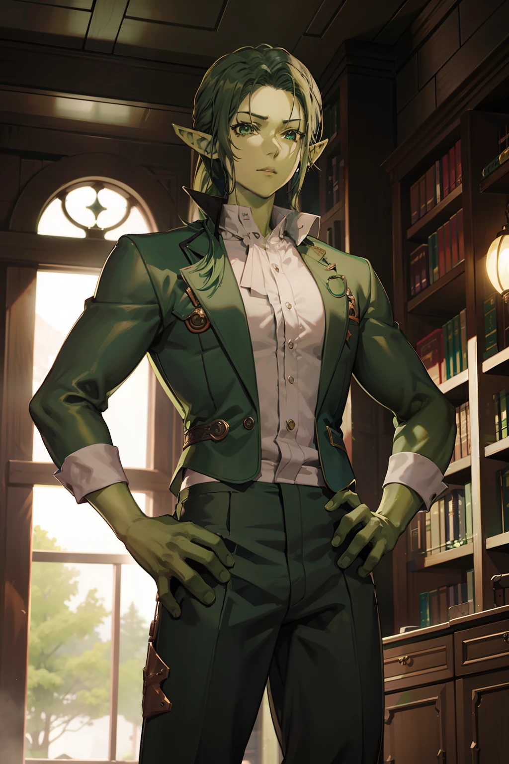 An anime character with green skin, (((green skin))), 35-year-old man, elf ears, scales, library background, green hair, perfect body,blouse,pants