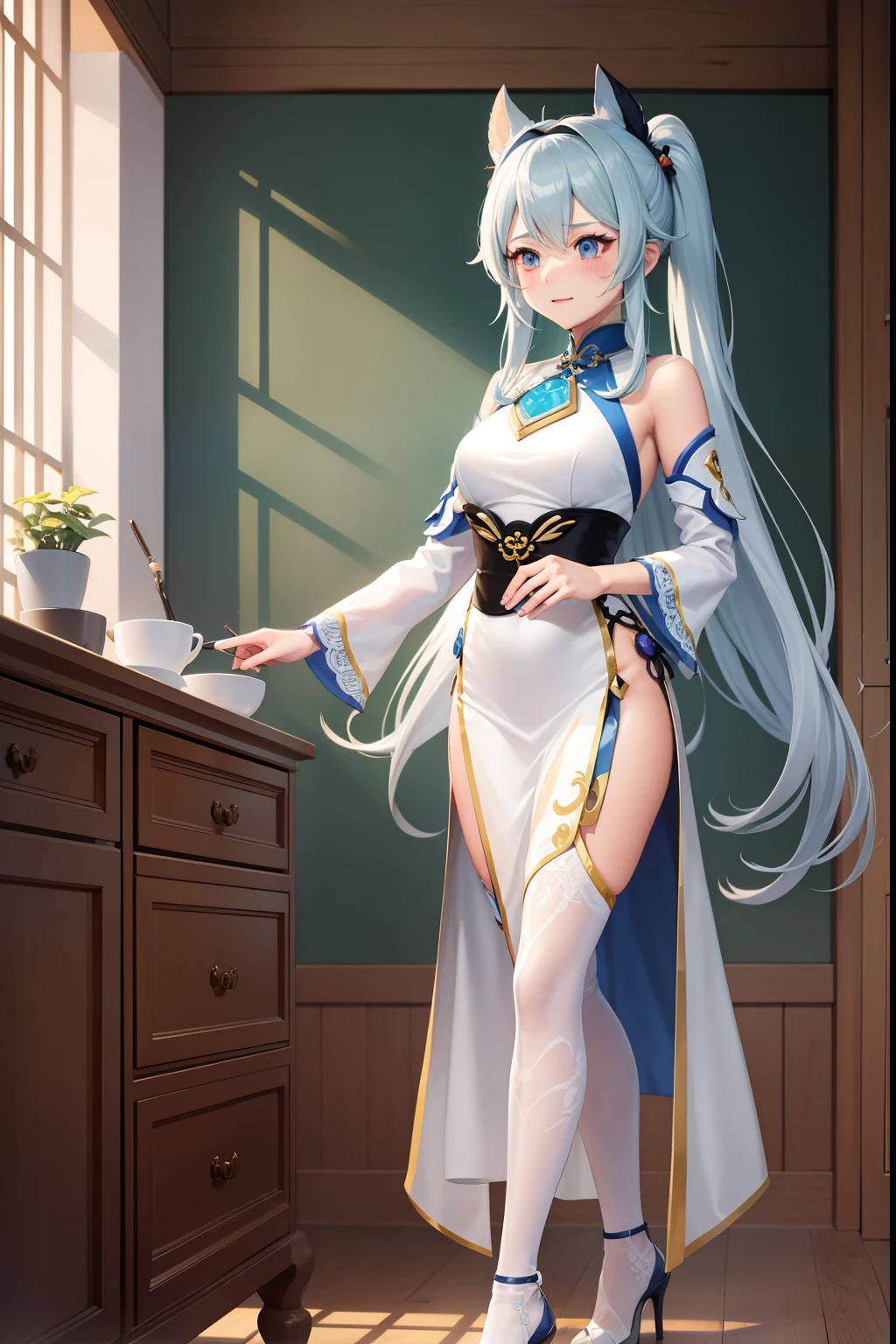 A man with long white hair in a dress, Wearing white stockings , Game Genshin Impact, Main character， Keqing from Genshin Impact, rune factory 5, 8 k character details, zhongli from genshin impact, new character,,art style of rune factory 5，2D Beautiful Girl，The chest is very large，high-heels，Good facial features，tall nose bridge，style of anime，Fresh and free，wearing  cheongsam