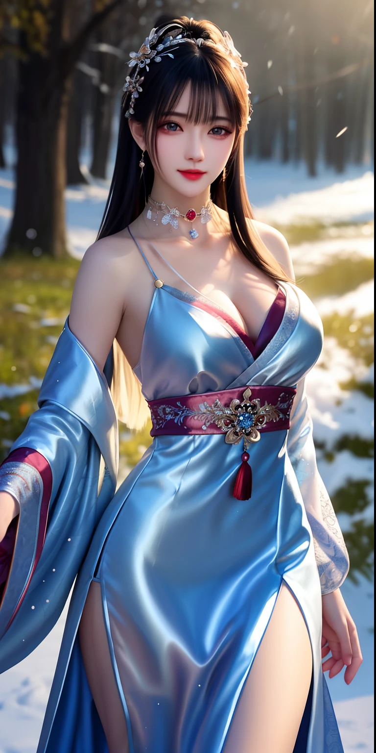 best qualityer,8K, tmasterpiece, A high resolution, 1girll, Clear silk porcelain dress, Fur coat, hair adornments, ssmile, Keep one's mouth shut, cparted lips,Large breasts,Shoulder, shift dresses, hair adornments, choker necklace, jewely, Chinese outfit, long whitr hair, 耳Nipple Ring, Detailed beautiful eyes, detailed eyelashes, beautiful face,after sexing_Body, Tyndall effect,realisticlying, edge lit, twotonelighting,(highdetailskin:1.2), 8K, Ultra HD, digital SLR camera, gentle illumination, high high quality, Volumetriclighting, Frankness, photore, A high resolution, Bokeh, at a forest, Falling snow, Winters, in the afternoon