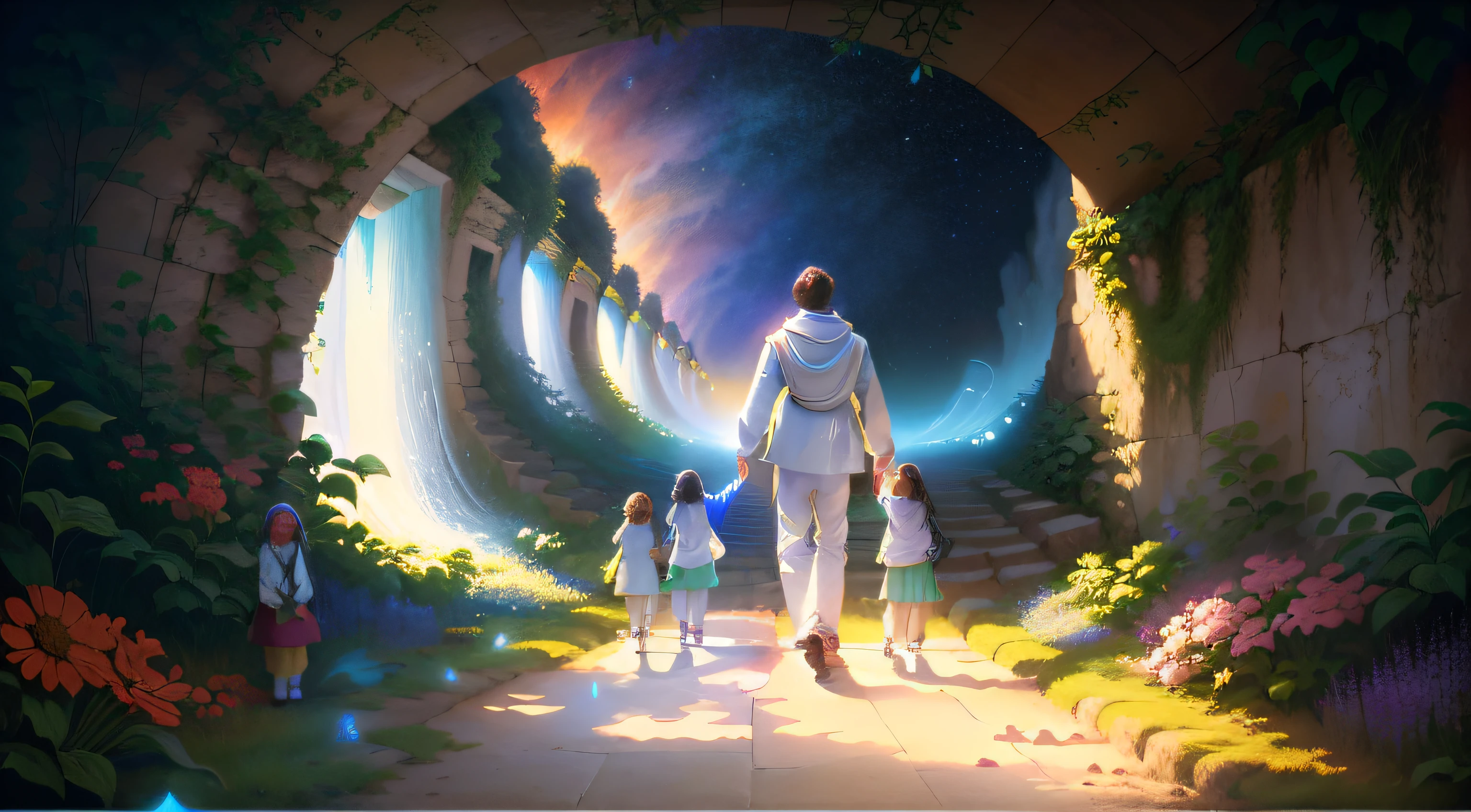 Painting of a man and two children walking through a tunnel, A jornada da vida, dreamlike digital painting, blossoming path to heaven, of a family leaving a spaceship, pai, levando a uma bela, lonely family, Directed by: Elaine Hamilton, caminho, bela fantasia, pintura digital de alta qualidade, arte sonhadora, arte de fundo, Painting of a dreamlike landscape, em um mundo de sonhosenchanted garden, light, rainbow, stars, man dressed in a white tunic among children dressed in white around him, lush nature, fantastic animals, precious stones, picnic, 4k, cinematic