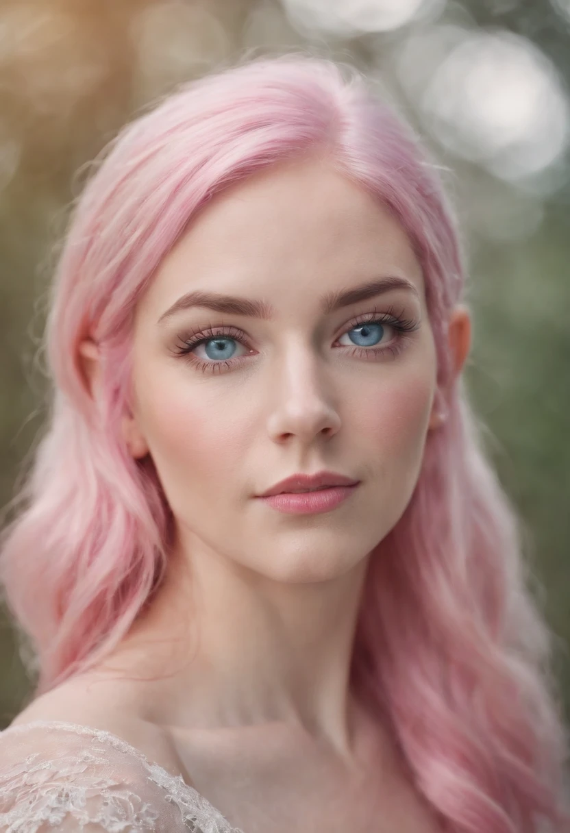 masterpiece, best quality, high quality, extremely detailed CG unity 12k wallpaper, American girl, 20 age, extremely detailed, blue eyes, human skin texture, sharp jawline, Pink colored hairs, cap, A-line Dress