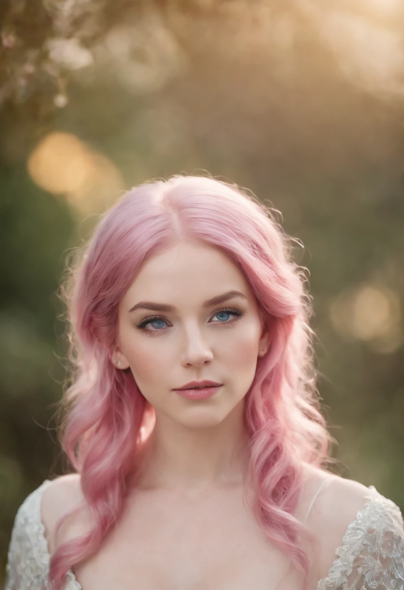 Woman with pink hair, blue eyes, elf