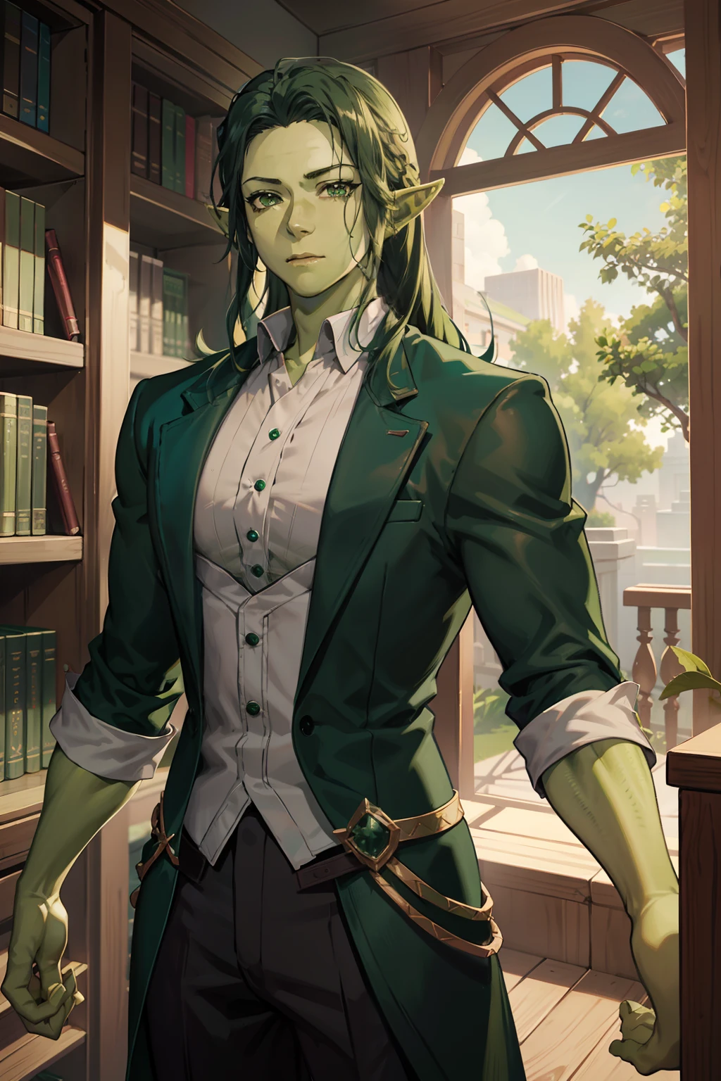 An anime character with green skin, (((green skin))), 35-year-old man, elf ears, scales, library background, green hair, perfect body,blouse,pants