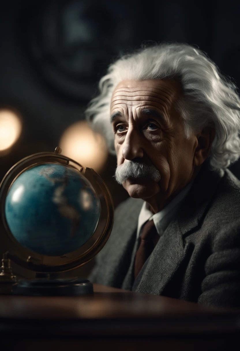 Albert Einstein pensive looking at globe, futuristic dystopian environment