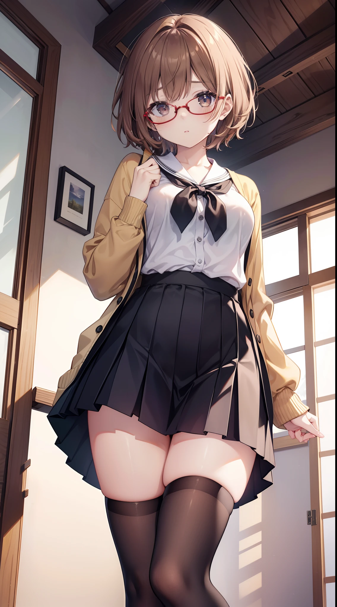 (1 female), 独奏, Kuriyama_mirai, Brown hair_shoe, A black_legwear very, Green grass_skirt by the. Cardigan, eye glasses, The Perfect Five Fingers,open cardigan, Open your clothes, panthyhose, pleatedskirt, Red-framed eyewear, student clothes, serafuku, short-hair, skirt by the, (Superfine), Beautiful breasts, The hair、Top resolution、top-quality、(is standing)、(Angle peeking out from below)、Under the skirt、Under the skirt、(Close-up of underwear from below)、up shirt、Top resolution、top-quality、(masterpiece)、extra detailed face、Original Characters、Perfect litthing、best colors、colourfull、Beautiful fece、finely detail、超A high resolution、Natural voluminous lighting and the best shadows、Deep Depth Of Field(top-quality、Superb Detail:1.4)