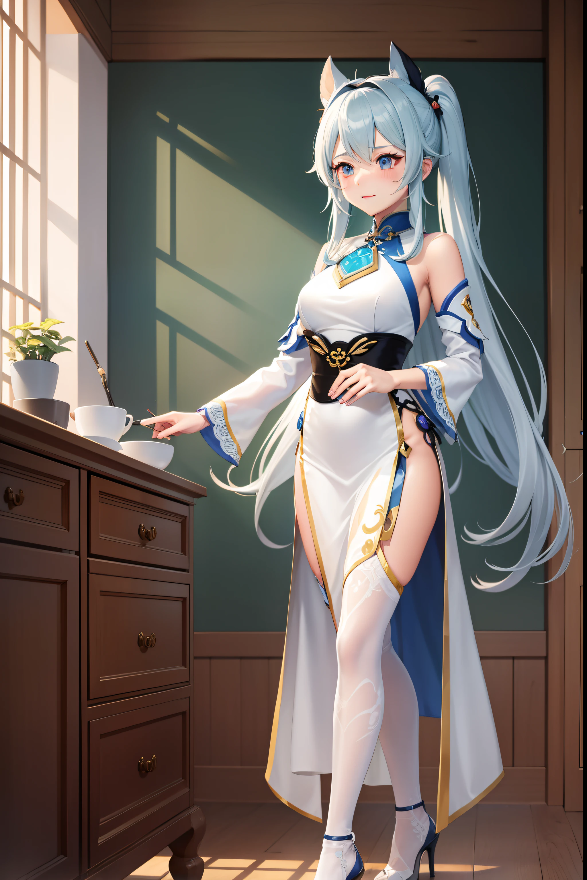 A man with long white hair in a dress, Wearing white stockings , Game Genshin Impact, Main character, Keqing from Genshin Impact, rune factory 5, 8 k character details, zhongli from genshin impact, new character,,art style of rune factory 5,2D Beautiful Girl,The chest is very large,high-heels,Good facial features,tall nose bridge,style of anime,Fresh and free,wearing cheongsam