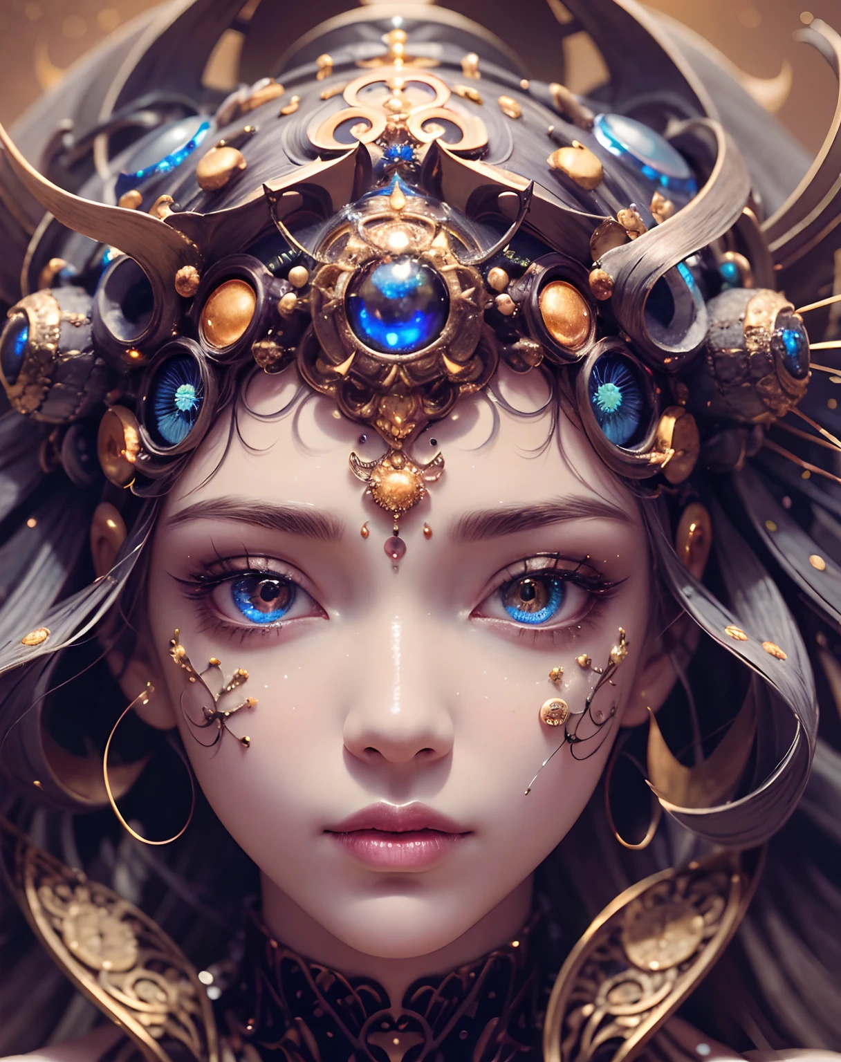 （best qualtiy，ultra - detailed，Most Best Illustration，Best shadow，tmasterpiece，A high resolution，professionalartwork，famousartwork），Detailed eyes，beautidful eyes，closeup cleavage，sci-fy，colored sclera，Orange Eye color, Robot eyes，face markings，Tattooed with，（fractalized，Fractal eyes），largeeyes，Wide eyes，（Eye focus），sface focus，Cosmic eyes，Space eyes，Close-up of metal sculpture of a woman with a moon in her hair，goddes。extremly high detail，3 d goddess portrait，Extremely detailed footage of the goddess，a stunning portrait of a goddess，Side image of the goddess，portrait of a beautiful goddess，Full body close-up portrait of the goddess，hecate goddess，portrait of a norse moon goddess，goddess of space and time, girl body masterpiece
