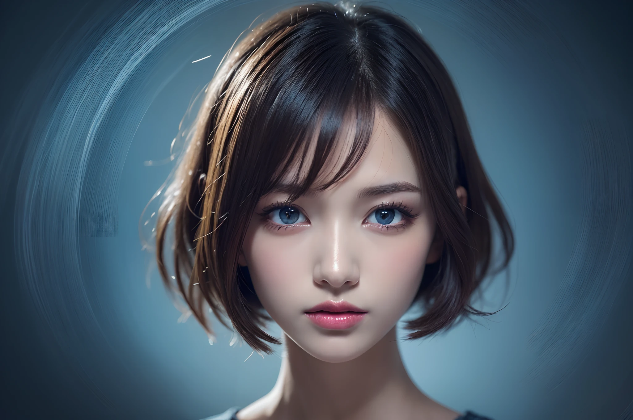 masutepiece, Best Quality, (1womanl), Ultra-detailed, finely detail, hight resolution, 8K picture quality, Perfect dynamic composition, Beautiful detailed eyes,  Natural Lip, Dark blue knitted dress, extra very short hair, Abstract background, bashfulness