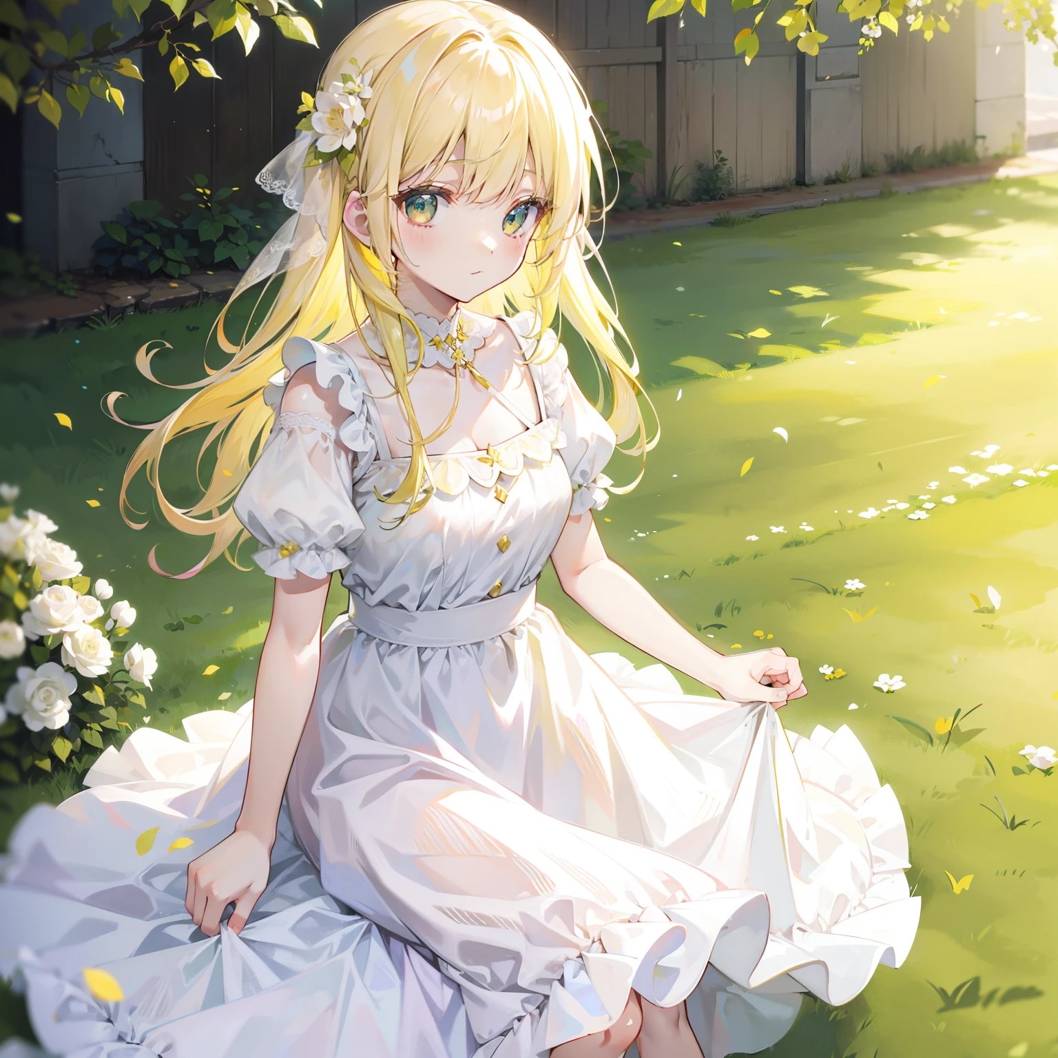 Pale greenish-yellow hair,Light pink and white dress,Sweet girl Lori,
