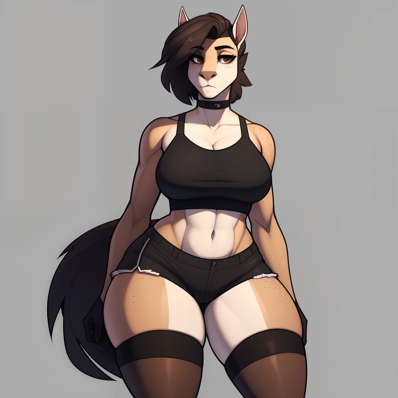 Tall_lanky_horse female graying_black_hair brown_furry_body freckles brown_eyes shaved_sides solo Masterpiece best_quality absurdres highly_detailed very_wide_hips thick_thighs crop_top shorts stockings cleanly_drawn_eyes anthro_only by_claweddrip, by_greasymojo, by_underscore-b, by_runawaystride