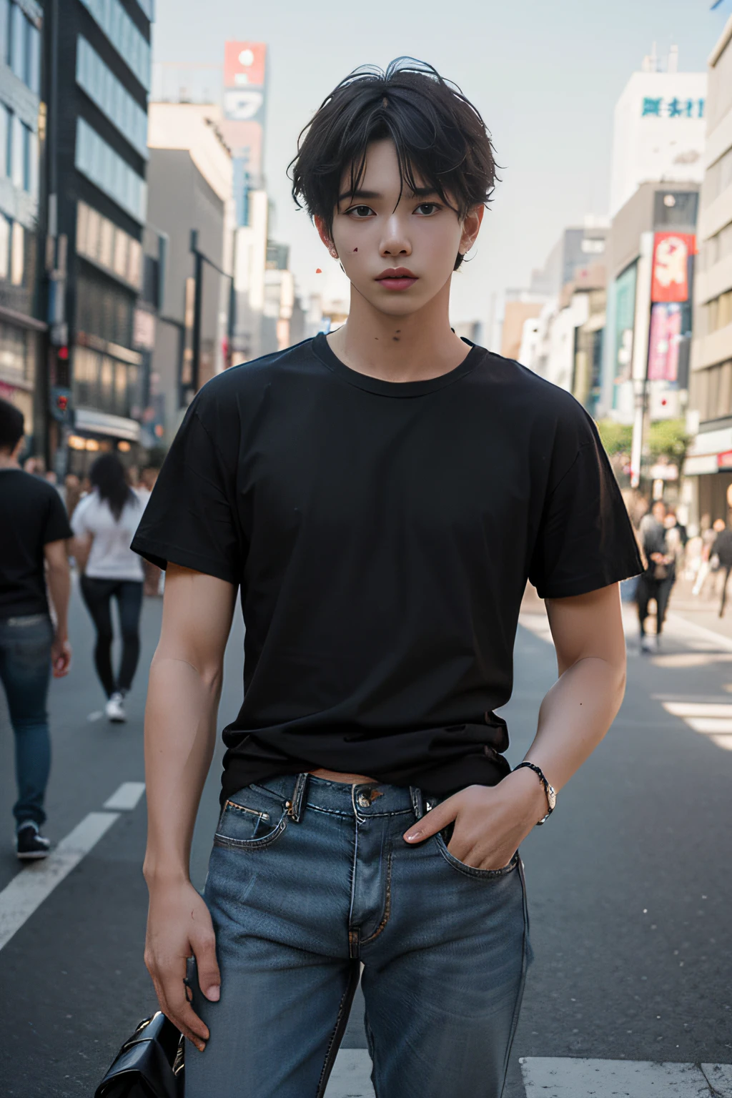 (masterpiece、top-quality、top-quality、raw、A hyper-realistic)、Urban cityscape、Shibuya cityscape、a handsome、twinks、(((Cool BTS guy)))、A slender、(((Please wear a plain black t-shirt all over your body.)))、((whole body visible))、(standing straight ahead)、Wearing jeans、ighly detailed、colourfull、highestdetailed
