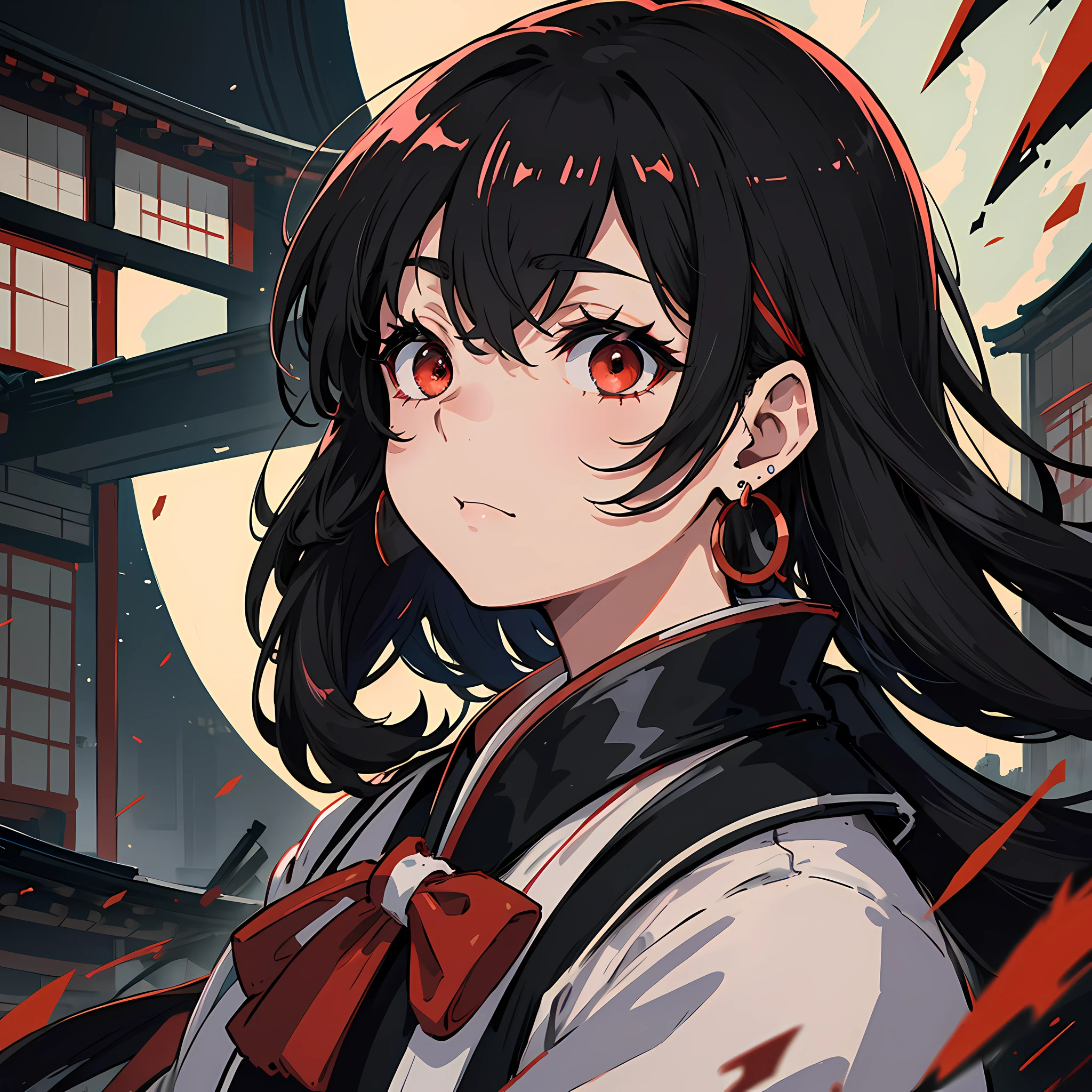 (masterpiece), high quality, Japanese animation, wearing black and white contrast uniform, passionate colors, collapsing traditional Japanese buildings, earthquake, portrait the woman, solo, atnight, the best detail, earrings, red eyes, messy light