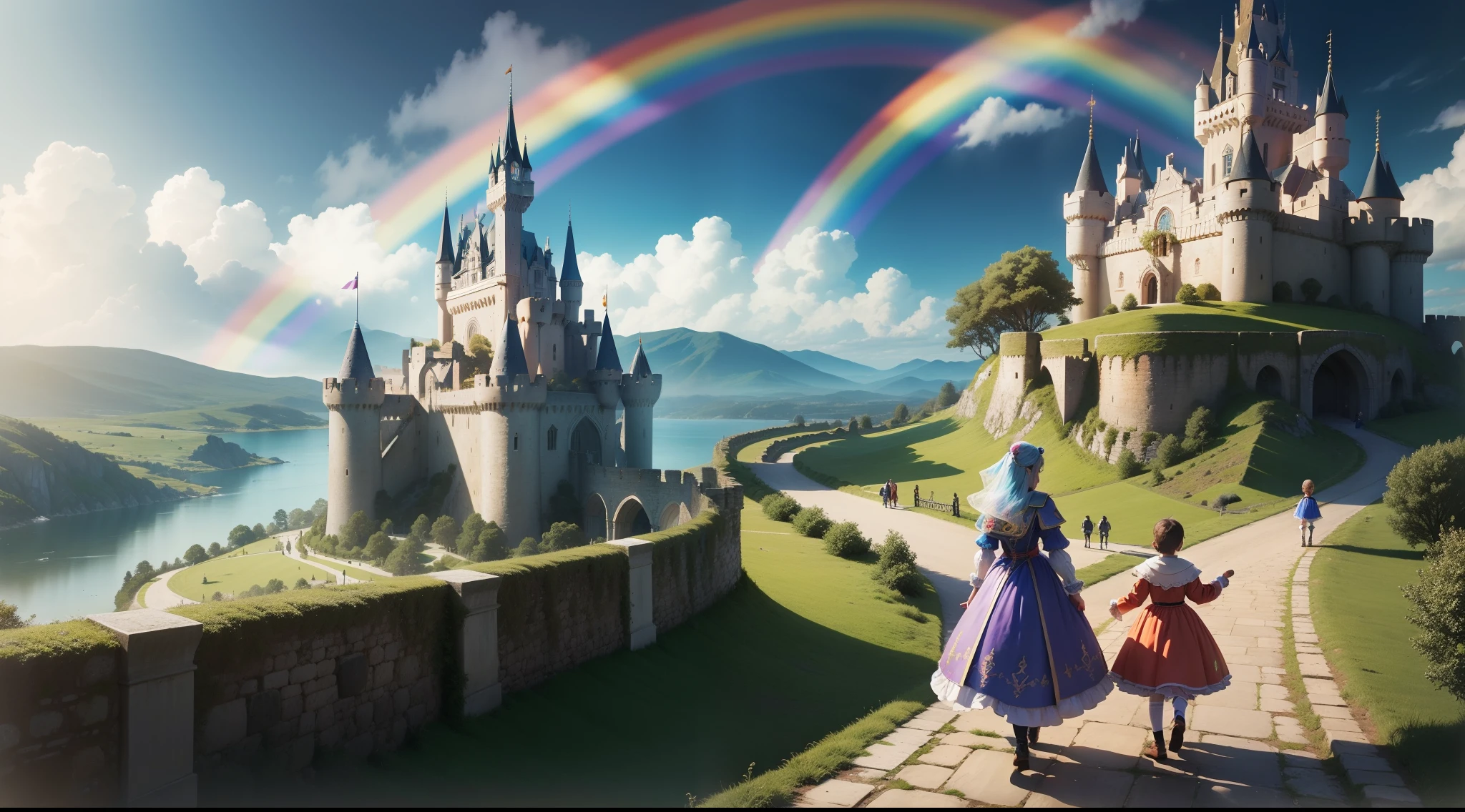 Era uma vez, Reino distante, castelo, Diferente de todos os outros, magic colors, Explore o castelo, Descubra maravilhas, bright rainbow and add two prince boys and a princess girl heading towards the castle.