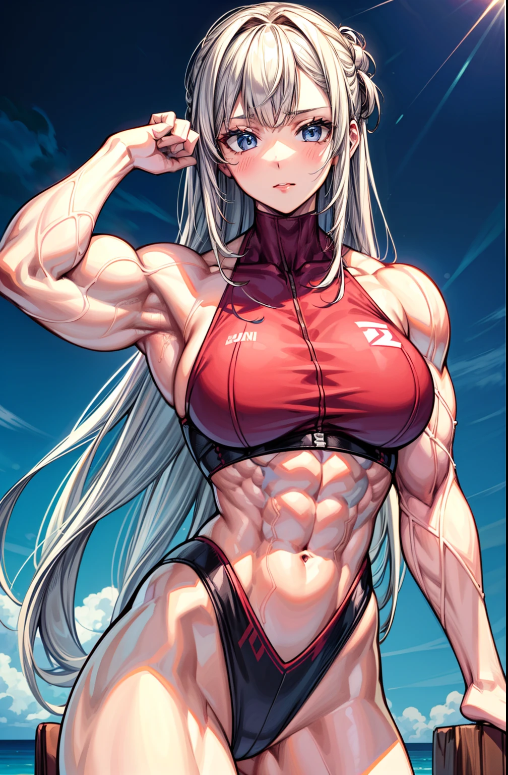 (BEST lighting) , (ultra intricately detailed) , 4K unification, (super-detailed CG: 1.2) , (8K: 1.2),(Original), (Masterpiece) , (Best quality),(Masterpiece:1.4),Anime-ish high quality,(Masterpiece),Masterpiece, Super clear picture quality,Clearer than movies,(Fine face)Best quality, absurderes,((masterpeace, 4K, 8K, Yes, A high resolution))1girll, girls,She was on the beach,Ten strong abs,standing on your feet,Exposing the abdomen, Red swimsuit crop top bra,There are bulges of dense veins on the arms,Spring, Boots, Perfect figure, Long white hair, Dynamic pose,Legs exposed,Strong leg muscles ((body builder:1.5)),Kasuga Beach,(Beautiful bace),(Girl),(Female),(((Upper body:1)))