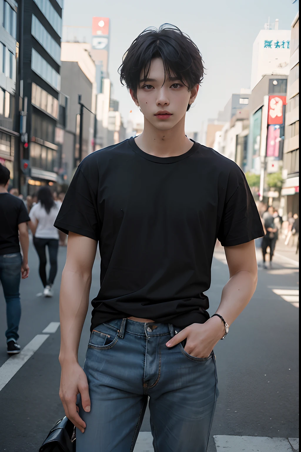 (masterpiece、top-quality、top-quality、raw、A hyper-realistic)、Urban cityscape、Shibuya cityscape、a handsome、twinks、(((Cool BTS guy)))、A slender、(((Please wear a plain black t-shirt all over your body.)))、((whole body visible))、(standing straight ahead)、Wearing jeans、ighly detailed、colourfull、highestdetailed