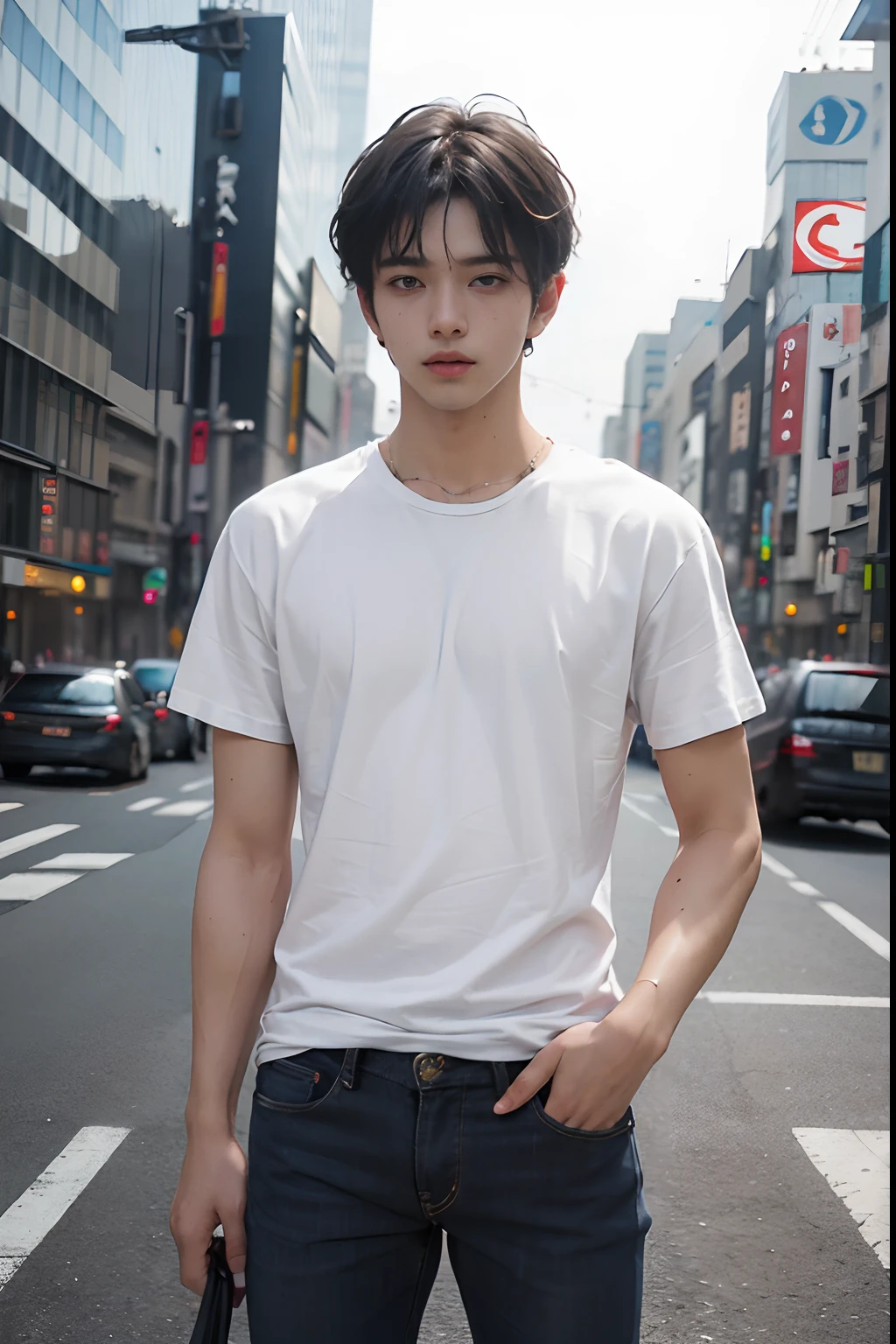(masterpiece、top-quality、top-quality、raw、A hyper-realistic)、Urban cityscape、Shibuya cityscape、a handsome、twinks、(((Cool BTS guy)))、A slender、(((Please wear a plain black t-shirt all over your body.)))、((whole body visible))、(standing straight ahead)、Wearing jeans、ighly detailed、colourfull、highestdetailed