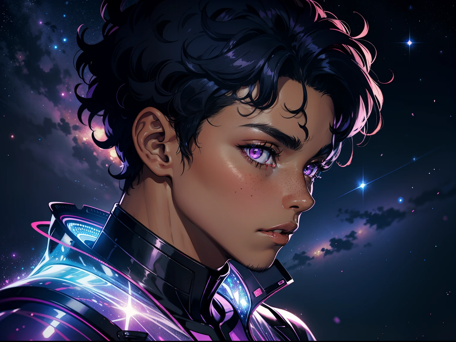 Dark skin man with cute purple eyes, short curly black hair, male, starry freckles, anime style, close-up, side view, side profile, 4k image, holographic suit outfit, city background