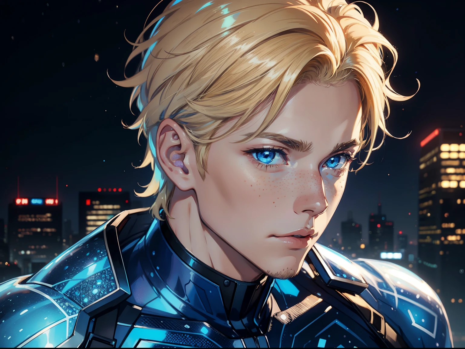 Caucasian man with cute blue eyes, blonde hair, male, starry freckles, anime style, close up, side view, side profile, 4k image, holographic suit outfit, city background