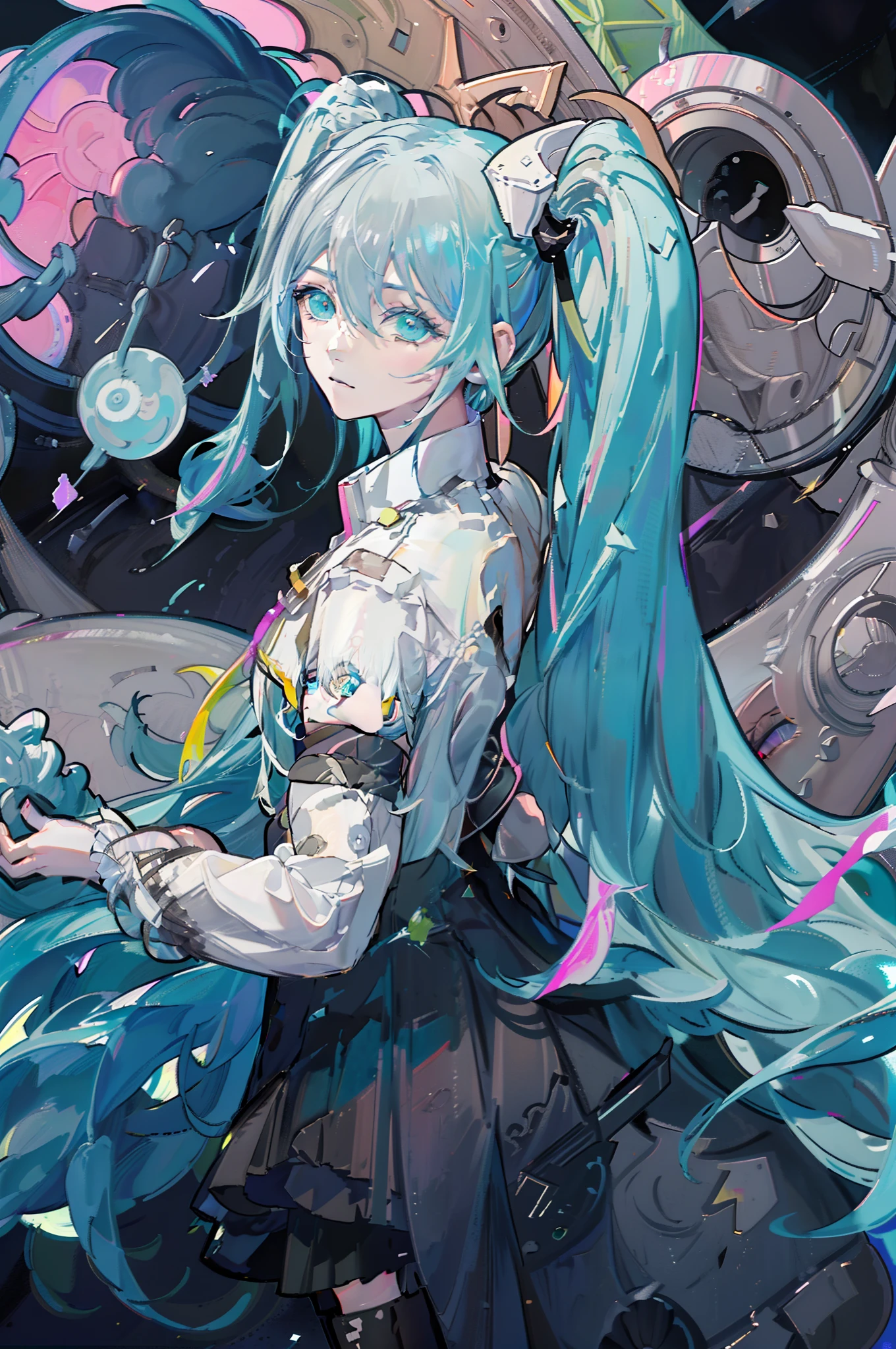 miku hatsune(Top image quality),(The work of the master),(ultra-detailliert),(Detailed depiction of the eyes:1.0),(lensflare:1.0),(Cinematic poster:1.0),(Tarot Border:1.0),Character Center,(a closeup:1.0),(negative space:0.8),(negative space:1.6),(独奏),(a colorful{the wind|water magic|inky|crystalline|icy|firey|loimu|Lightning|netting|boulders|Grit|Particle|brilliance|Bloods}:1.0),(Many colorful{Soap bubbles|​​clouds|thorn|spikes|vine|electric current|spirals|The halo|cube|octahedron}:1.0),(Planktonic{reddish|verdant|Green grass|Eau|Viola|yellow|A black|blanche|greys|pink there|an orange|lime} {bow ribbon|pluma|Particle|edg|The drops|Snowflake|softball}:1.0),({crystalline|icy|firey|loimu|the wind|Eau|planet earth|stony|spaces|musical|sonic|swirls} {Magic}:1.0), ({Ray traching,Glowering|Mottled sunbeams,llight rays,Caustics|The night is mysterious,eery|Carefree,pastels}:1.2), ({Colorful|Irridescent color|multi colored}:1.0),(beautiful detailed brilliance:1.0),({Slouched|back-view|tilted to the side|}:1.2),{ (A smile:1.0)|(a smirk:1.0)|(grim facial expression:1.0)},({Has a small|Has a small||s lips、Eye lashes}:1.0),{grinning evily|:1.2},({Eyelashes|eyeshadows||}),{Close one eye|||},({Red|Green|Blue|aqua|Purple|yellow|Black|white|greys|Pink|orange|lime} hair:1.4 ),({Short|long|Medium} hair:1.0),({frombelow|From  above|From Side|from the rear|Front Viewer}:1.3),(aureola:1.3),(tilt of the head:1.0),(dynamicposes:1.1),(Asymmetrical hair:1.2),({reddish|verdant|Green grass|Eau|Viola|yellow|A black|blanche|greys|pink there|an orange|lime} {|doress|outfits}:1.0),({Formal|Military|tech wear|Urban style|casual,dressed casually|Fantasy,magician|Sauvage,tribal|scientific fiction,Futuristic}),({plaid skirts|layered skirts|Puffy dress|tights|trouser|shortpants}),({reddish|verdant|Green grass|Eau|Viola|yellow|A black|blanche|greys|pink there|an orange|lime} {The eye|The eye|collofull eyes}:1.4),{(brow:1.5),asymmetrical bangs|oblique bangs|hair between eye|bluntbangs|swept bangs},{Blindfold|Twin-tailed|||