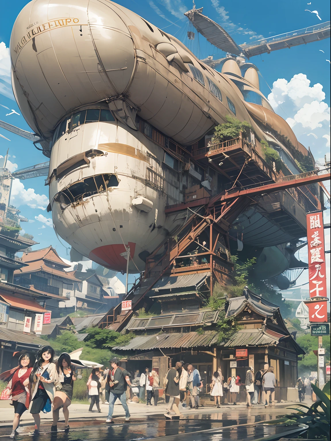 (Super large airship flying in the sky:1.5)、ruined and devastated city、Complex Japan buildings、school buildings、shrines、railroad crossing、Bus stop、Trees、Warm lighting、puddles、Good old Japan landscape、Beautiful and fantastic summer landscape、Cinematic scenery、crowds,hightquality、masutepiece,8K、hight resolution、ultra-detailliert,Guibli、