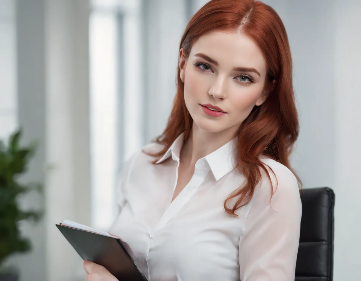a girl with vibrant red hair, wearing a crisp white blouse, a sleek black skirt, and elegant high heels. The focus is a full-body shot, capturing her confidence and poise. The girl stands in a modern and sophisticated office, with a sleek glass desk and minimalist decor. The room is flooded with natural light, creating a soft and serene atmosphere. The girl's eyes sparkle with determination and ambition, complementing her radiant smile and precisely applied makeup. Her posture exudes professionalism and grace, as she confidently holds a stack of documents in her hands. The office environment is dotted with elegant details, such as polished silver accents and lush potted plants, adding a touch of sophistication. The girl's red hair serves as a striking contrast against the white blouse, emphasizing her individuality and confident nature. The colors are vibrant and well-balanced, with a high level of realism and attention to detail. The lighting is carefully designed to accentuate the girl's features and create a captivating visual effect. The overall composition is visually stunning, highlighting the girl's strength and determination in a professional setting. This prompt guarantees the best quality, with ultra-detailed and photorealistic elements, resulting in a masterpiece that captures the essence of a powerful, red-headed woman in an office environment.