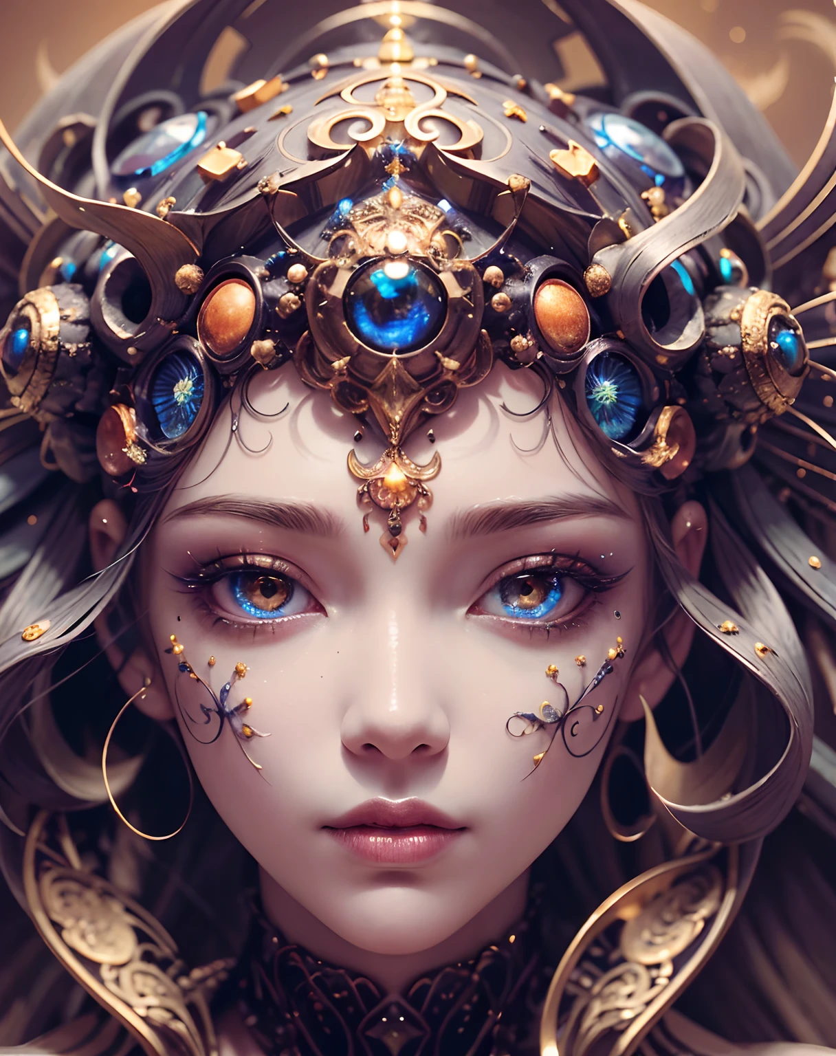（best qualtiy，ultra - detailed，Most Best Illustration，Best shadow，tmasterpiece，A high resolution，professionalartwork，famousartwork），Detailed eyes，beautidful eyes，closeup cleavage，sci-fy，colored sclera，Orange Eye color, Robot eyes，face markings，Tattooed with，（fractalized，Fractal eyes），largeeyes，Wide eyes，（Eye focus），sface focus，Cosmic eyes，Space eyes，Close-up of metal sculpture of a woman with a moon in her hair，goddes。extremly high detail，3 d goddess portrait，Extremely detailed footage of the goddess，a stunning portrait of a goddess，Side image of the goddess，portrait of a beautiful goddess，Full body close-up portrait of the goddess，hecate goddess，portrait of a norse moon goddess，goddess of space and time, girl body masterpiece