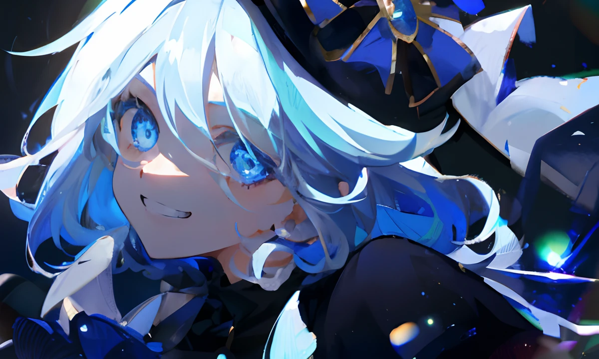 boy, shorter hair, white hair, blue eyes, mischievious grin, blue hat,