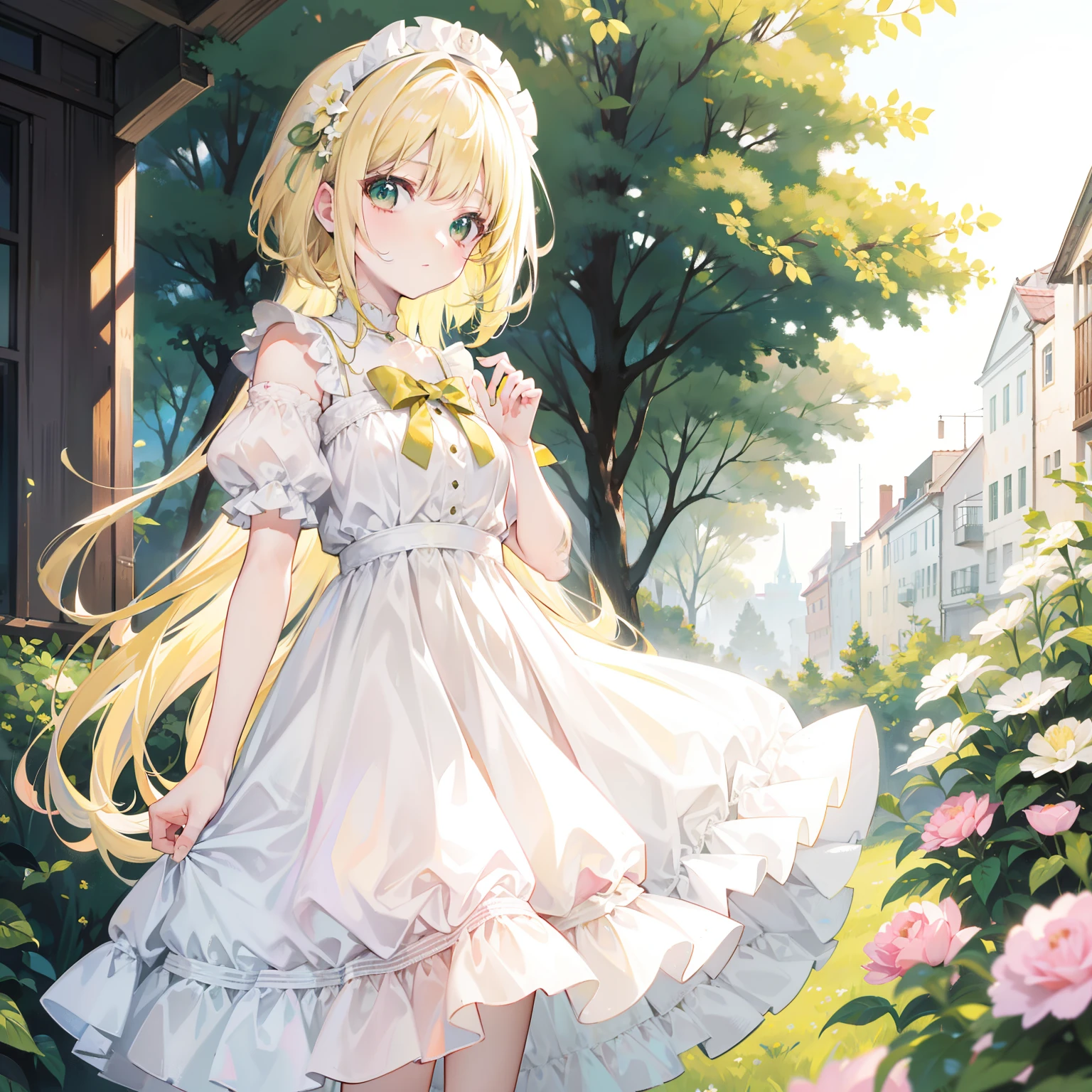 Pale greenish-yellow hair,Light pink and white dress,Sweet girl Lori,