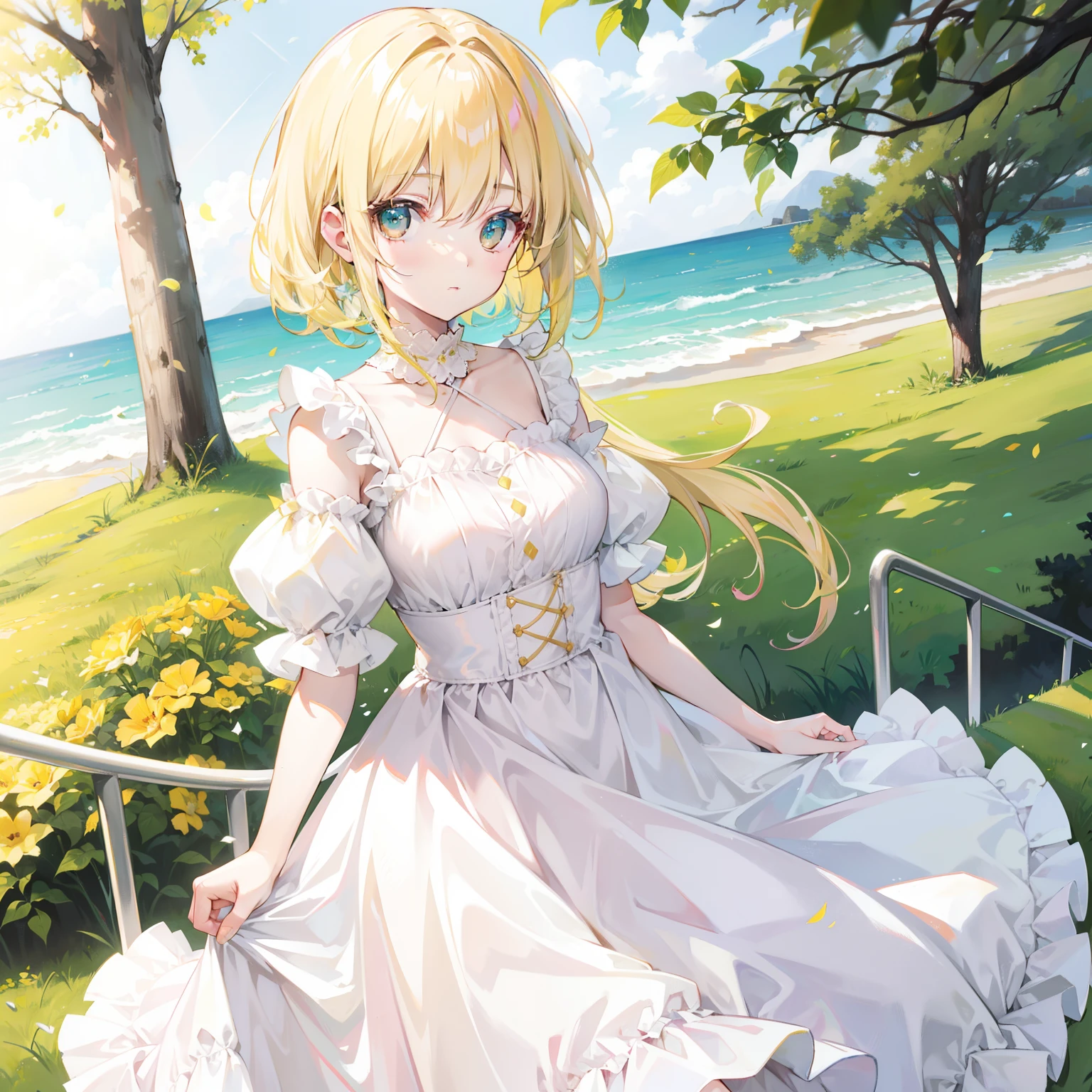 Pale greenish-yellow hair,Light pink and white dress,Sweet girl Lori,