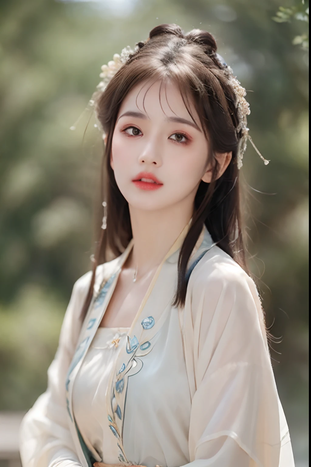 ((Best Quality, 8k, Masterpiece: 1.3)), Focus: 1.2, Perfect Body Beauty: 1.4, Buttocks: 1.2, ((Layered Haircut)), (Wet Clothes: 1.1), (Rain, Street:1.3), (Breasts: 1.2), (Hanfu: 1.2), Bare Shoulders, Bare Legs, Highly Detailed Face and Skin Texture, Fine Eyes, Double Eyelids, Whitened Skin, Long Hair, (Shut Up: 1.5), (Bokeh Background: 1.5), Big Breasts