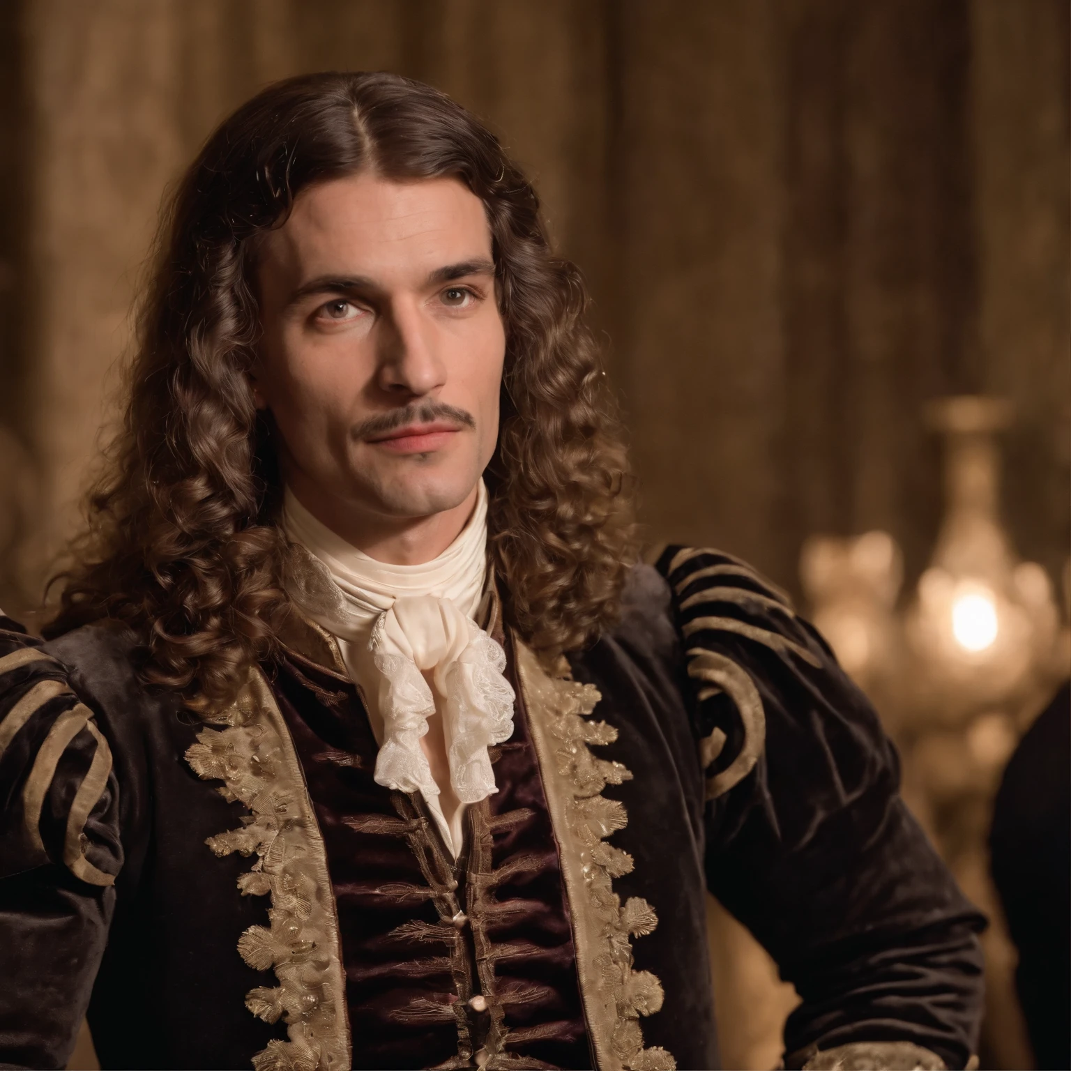 Create a scene depicting Molière’s performance during the soirée, with the playwright in character and the audience engrossed in the play’s entertainment.