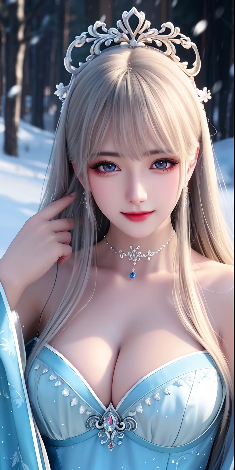 best qualityer,8K, tmasterpiece, A high resolution, 1girll, Clear silk porcelain dress, Fur coat, hair adornments, ssmile, Keep one's mouth shut, cparted lips,Large breasts,Shoulder, shift dresses, hair adornments, choker necklace, jewely, Chinese outfit, long whitr hair, 耳Nipple Ring, Detailed beautiful eyes, detailed eyelashes, beautiful face,after sexing_Body, Tyndall effect,realisticlying, edge lit, twotonelighting,(highdetailskin:1.2), 8K, Ultra HD, digital SLR camera, gentle illumination, high high quality, Volumetriclighting, Frankness, photore, A high resolution, Bokeh, at a forest, Falling snow, Winters, in the afternoon