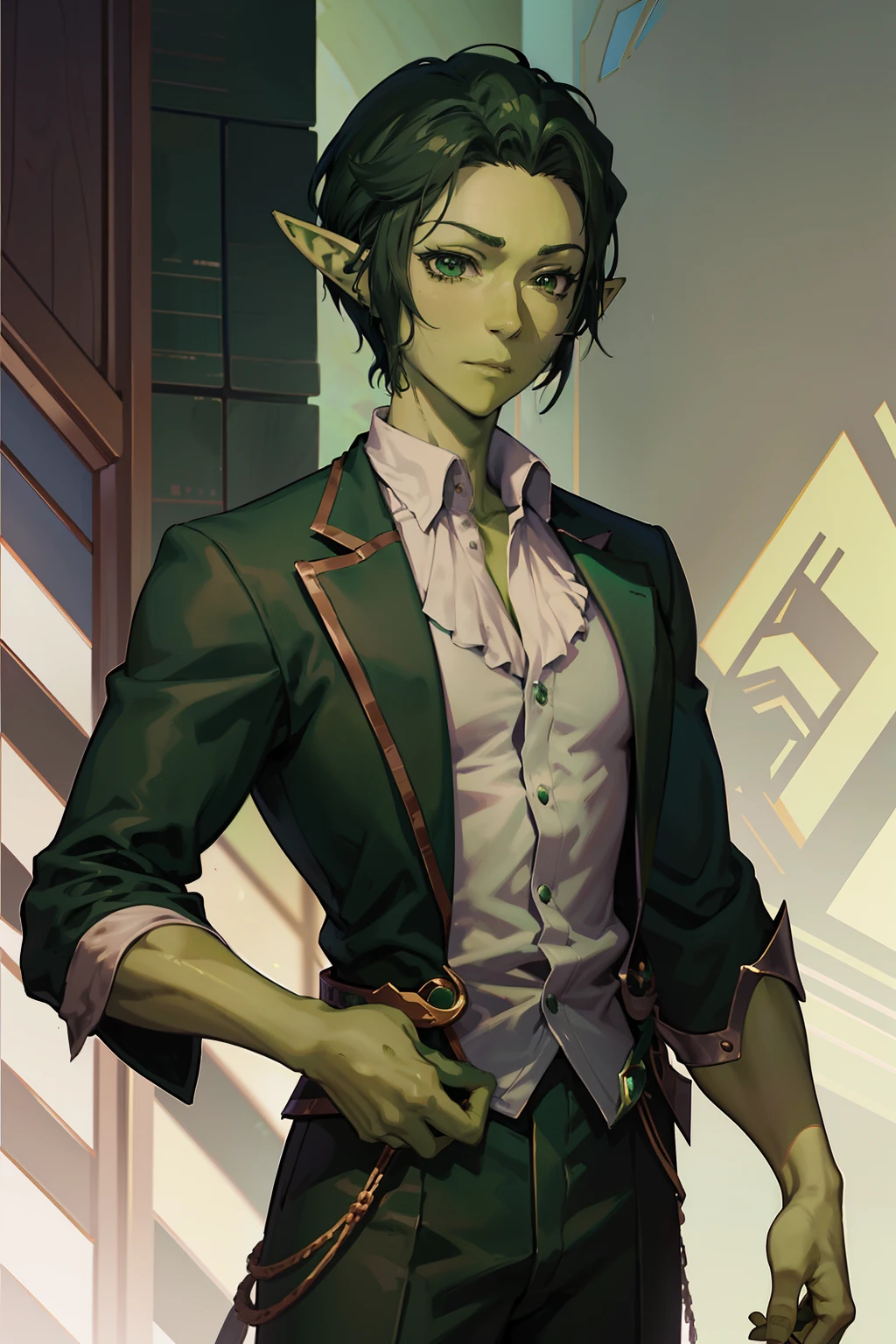 An anime character with green skin, (((green skin))), 35-year-old man, elf ears, scales, library background, green hair, perfect body,blouse,pants,short hair,male face