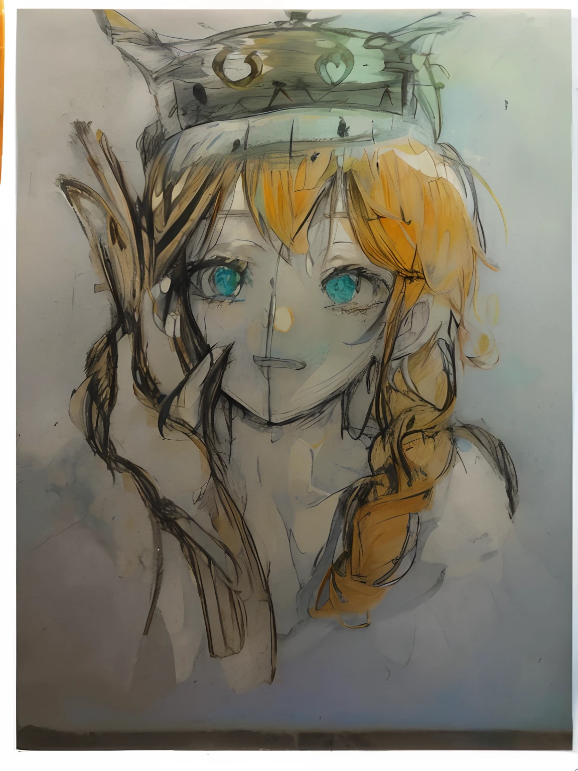 drawing of a woman with a crown on her head, colored sketch, Inspired by Hans Fleiss, color pencil sketch, colored sketch anime manga panel, high quality colored sketch, matte sketch, faded drawing, colored screentone, Copper-haired maiden, anime sketch, old sketch, Colored pencils, watercolor sketch, character with a hat, beautiful portrait of nami