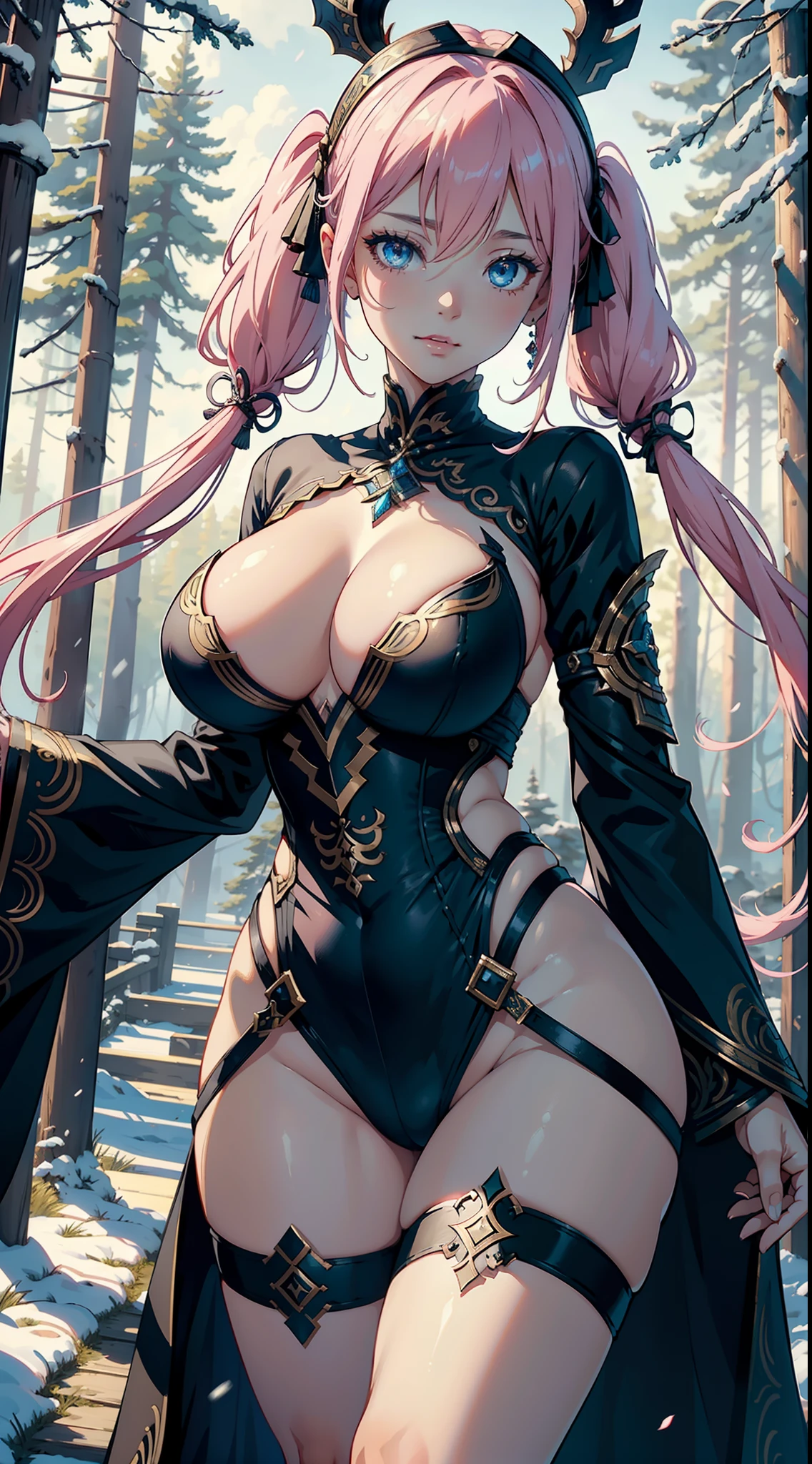 (masterpiece), best quality, expressive eyes, perfect face, 1female, alice nebulis , front facing camera, 25 years old,Huge breasts, 独奏,hairband,Wearing a translucent robes,body facing front, Pornographic exposure,(Background with:coniferous forest,at winter season,Snow on the ground ) Long pink hair with pigtails like fountains,hail,Big chest, From the front side, dishivered hair, Petting the ,mostly cloudy sky,(tmasterpiece),(Very detailed CG unity 8K wallpaper),best quality,cinematic lighting,detailed background,beautiful detailed eyes,Bright pupils,(Very fine and beautiful),(Beautiful and detailed eye description),ultra - detailed,facing at camera,A high resolution,ultra - detailed),hair straight,with hair dishevelled,Sex slaves,standing on your feet,Smiling,Flushed complexion,is shy, Chest sagging,Camel toes,extremely large bosom,Extremely colorful,Most detailed,head to thighs photo,The face is well lit, costume is influenced by dynasty warriors games and blade and soul games but with lewd elements and sexiness, very elegant and intricately designed garments, no overlapping fingers, no distorted fingers