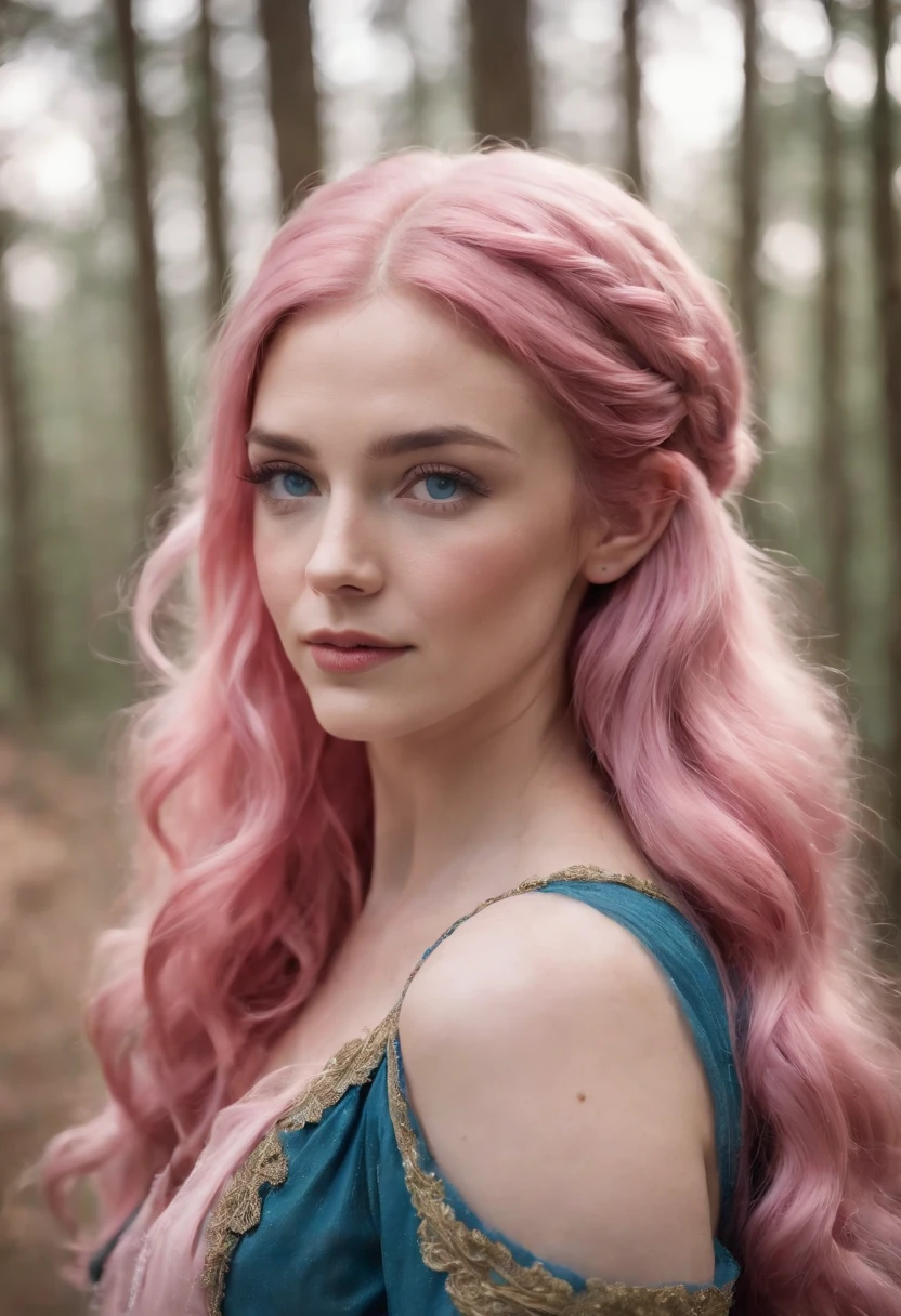 1 woman, pink hair, long curly hair, blue eyes, elf