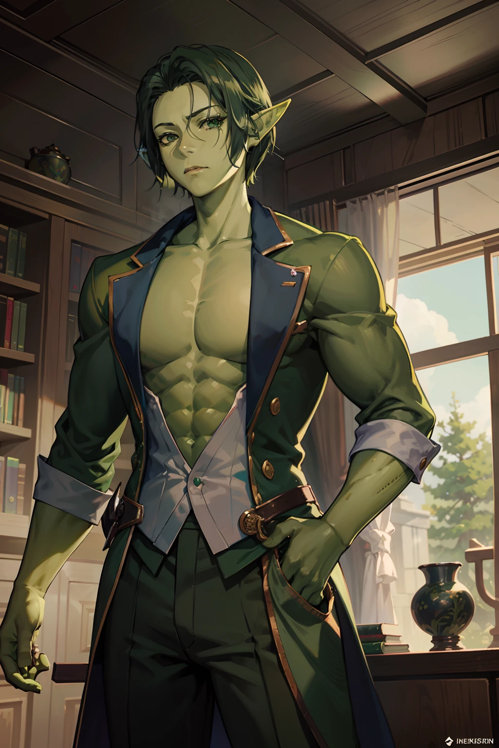 An anime character with green skin, (((green skin))), 35-year-old man, elf ears, scales, library background, green hair, perfect body,blouse,pants,short hair,male face