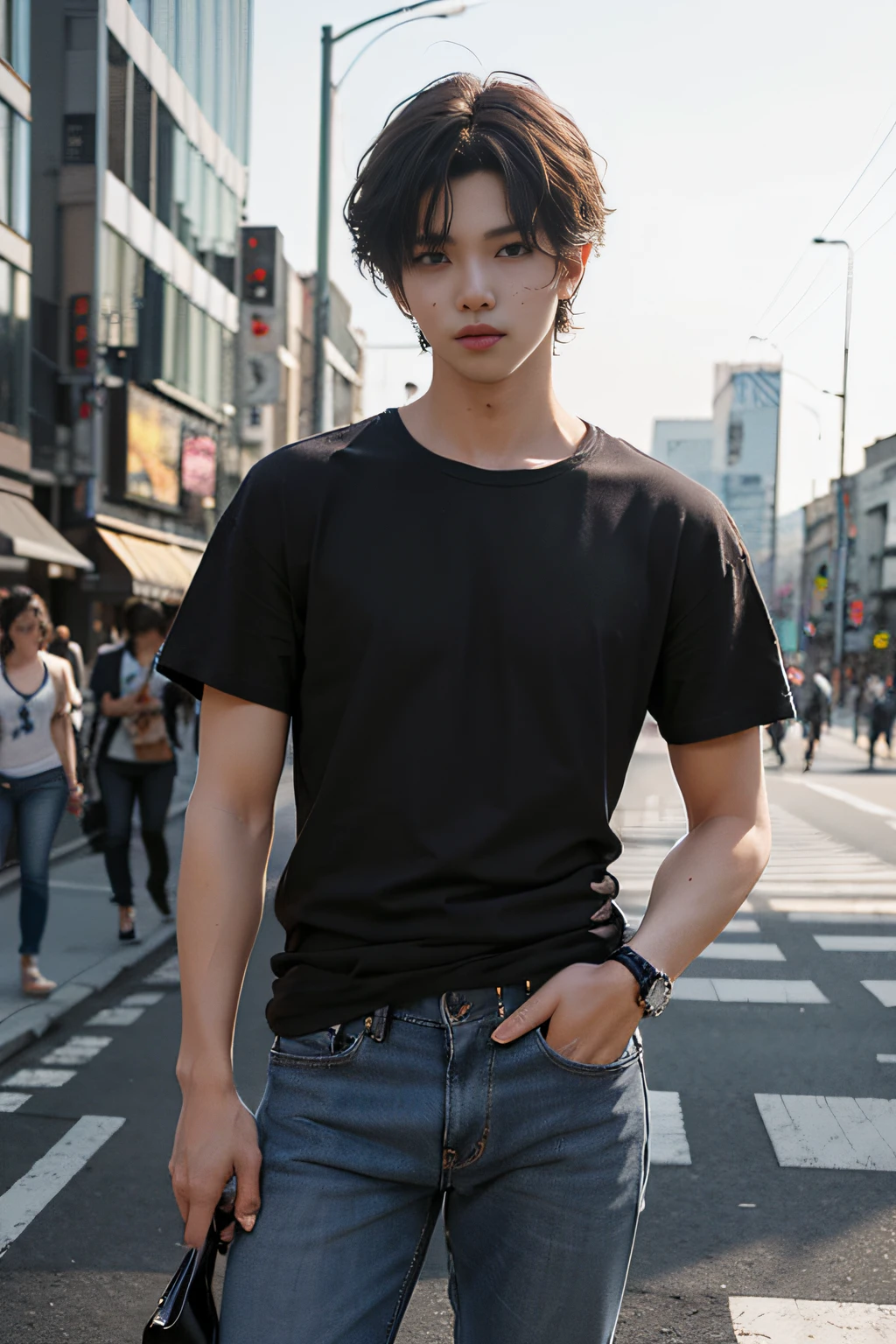 (​masterpiece、top-quality、top-quality、raw、A hyper-realistic)、Urban cityscape、Shibuya cityscape、a handsome、twinks、(((Cool BTS guy)))、A slender、(((Wear a plain black T-shirt all over your body.)))、((whole body visible))、(standing straight ahead)、Wearing jeans、ighly detailed、colourfull、highestdetailed