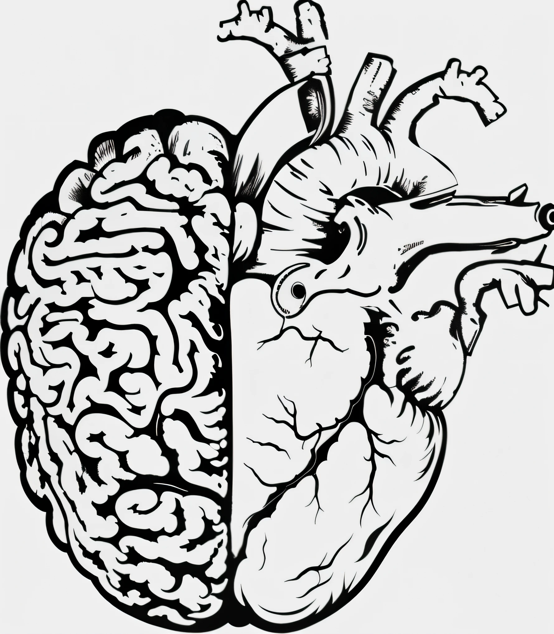 A drawing of a realistic human heart with realistic colors, with a brain inside, anatomical heart, Heart human, hd illustration, connected to heart machines, anatomically correct heart, imagem de alta qualidade, Highly detailed illustration and real colors, Brains, Linha - Arte, mechanical heart in center, human brain, arte vetorial em colorida com cores naturais , real heart, adam and eve inside the brain, brains, high detailed illustration
