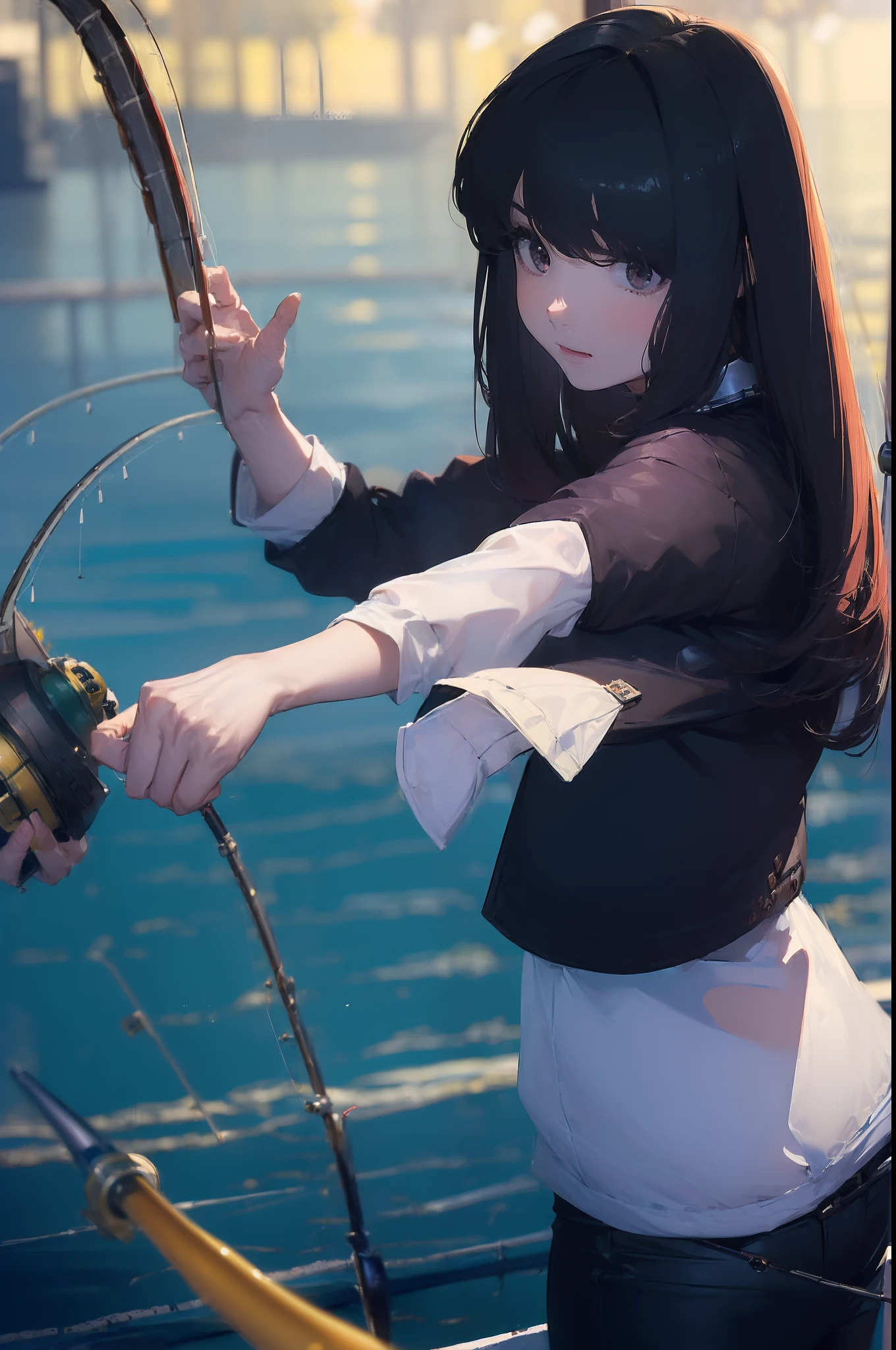 ((((Have fishing rod with a reel:1.5)))),((Female 28 years old)),((Best Quality:1.5)),(((Hands with the correct number and structure of fingers:1.4))),((lakeside:1.37)),hight resolution,ultra-detailliert,masterpiece,best qualtiy,(Eight-headed body),Black hair, long eyeslashes, Solid Circle Eyes, drop shadow, Atmospheric perspective,Super Detail, ccurate, small brest,(Black jacket and black jeans :1.1),top-quality, blurry backround, bokeh dof:1.2, (masterpiece:1.3), Atmospheric perspective,Super Detail,dynamic compositions,